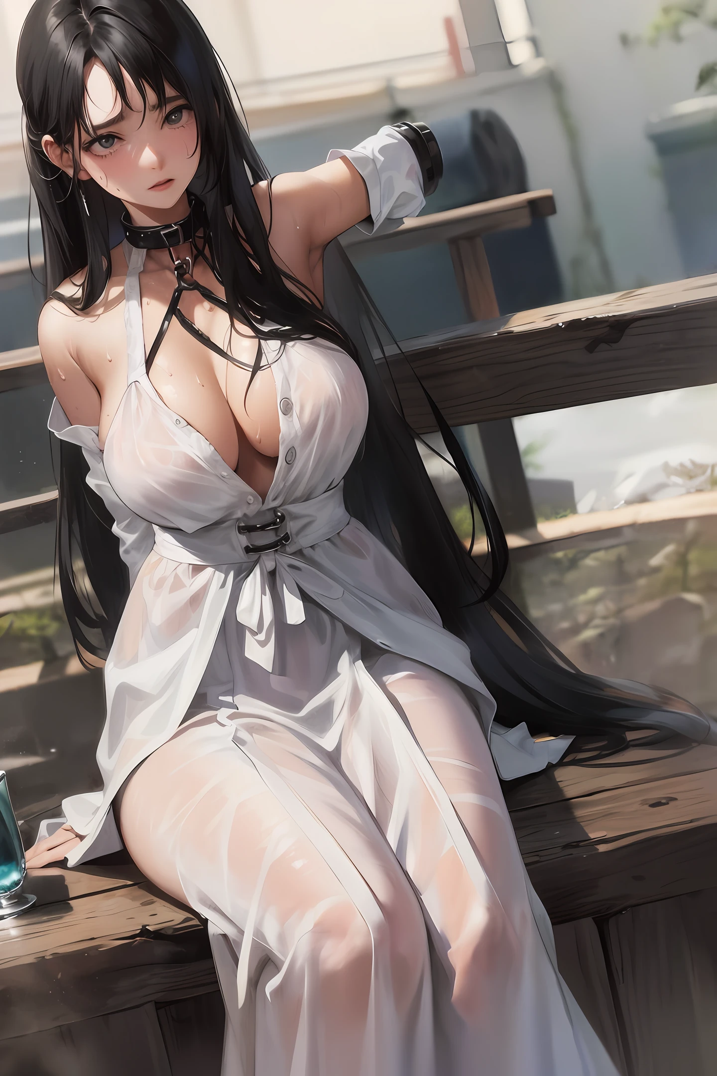 (1girl), (large breasts), sweat, realistic, cottage, slave chains, slave collar, slave, slave clothes, black hair, long hair