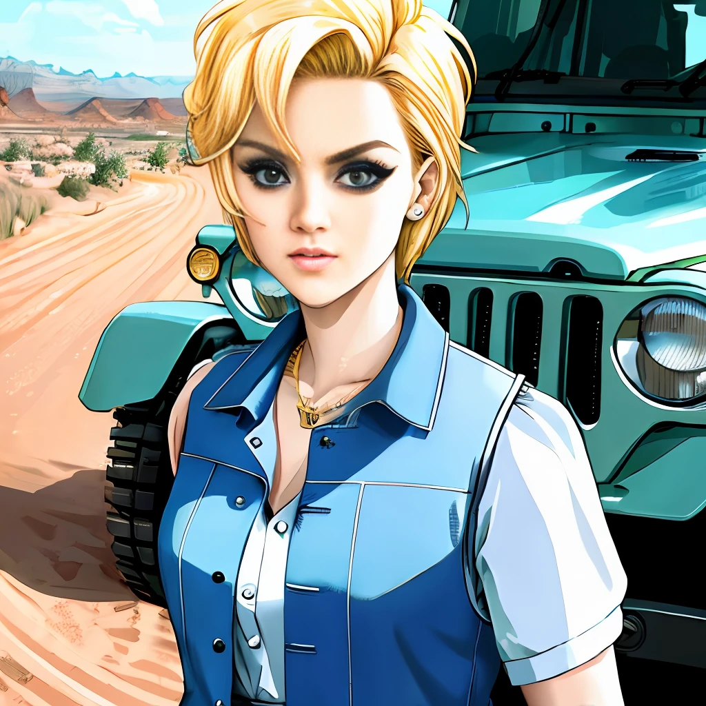 Masterpiece, best quality, ranch, young woman, white dress, plaid vest, blond hair, short hair, blue eyes, gold eyebrows in hand, revolver, standing next to jeep, looking up