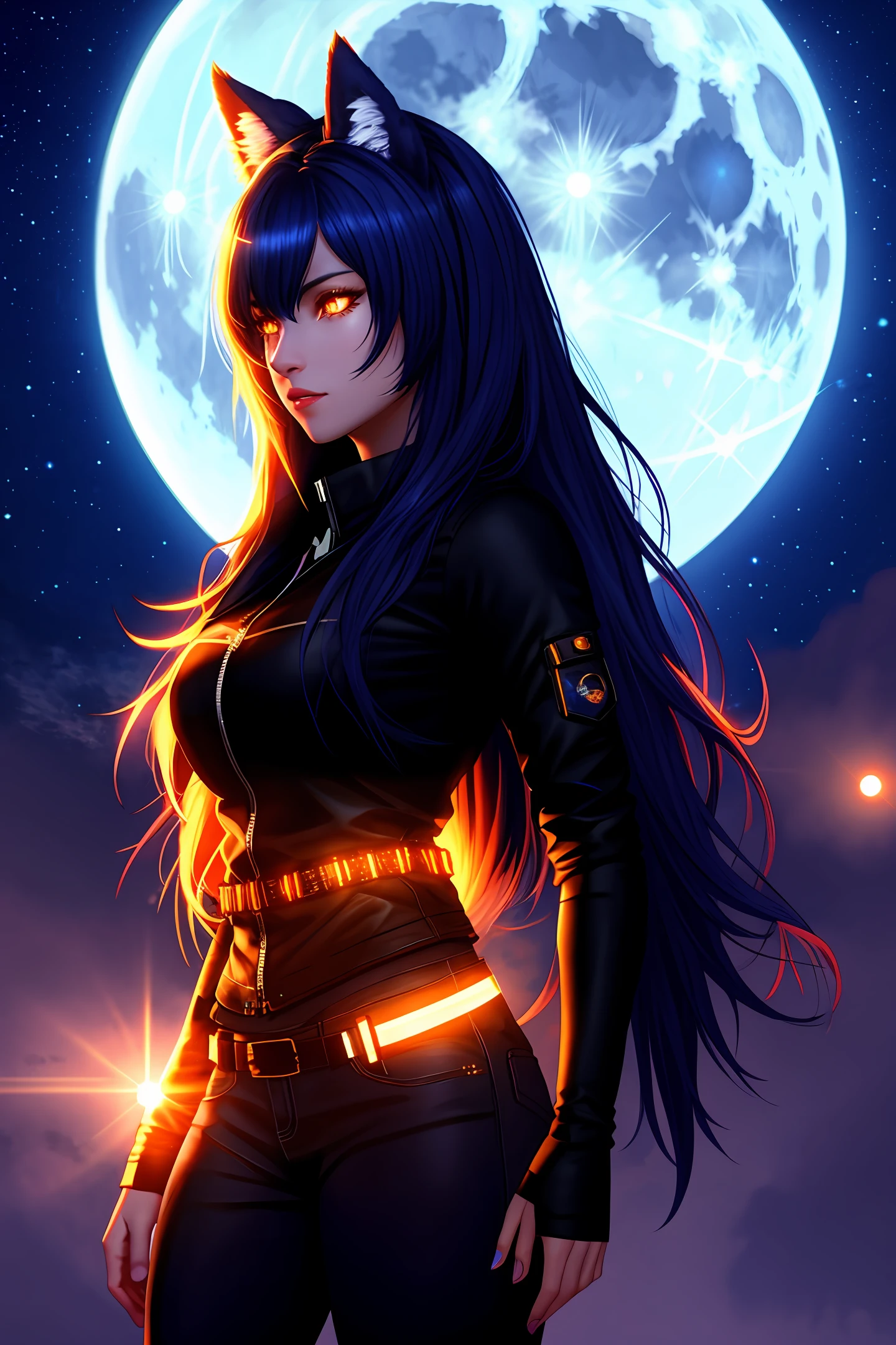 Blue Moon, Night Sky, Beautiful Female Werewolf, Mid-Length Hair, glowing orange eyes, realisitic, highly detailed, Unreal Engine, 8k