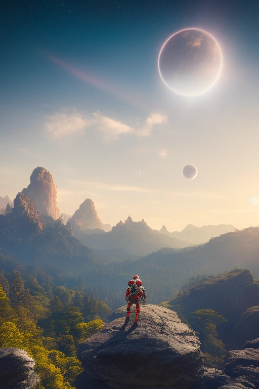 Highly detailed RAW color Photo, close up Rear Angle, Full Body, of (female dark elf space soldier, wearing a tight, white and red space suit, panty linings visible, accentuate butt), outdoors, (sensually leaning over rocky ledge, looking out at advanced alien structure in space), toned body, big butt, (sci-fi), (mountains:1.1), (lush green vegetation), (two moons in sky:0.8), (highly detailed, hyperdetailed, intricate), (lens flare:0.7), (bloom:0.7), particle effects, raytracing, cinematic lighting, shallow depth of field, photographed on a Sony a9 II, 24mm wide angle lens, sharp focus