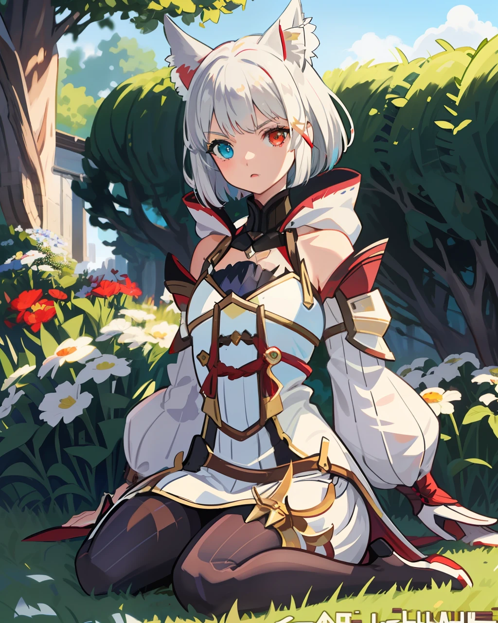 1girl, full body, solo, short hair, white hair, (blue and red eyes), outdoor, twilight, summer, (xenoblade), cat ears, (((heterochromia))), light blue striped summer dress