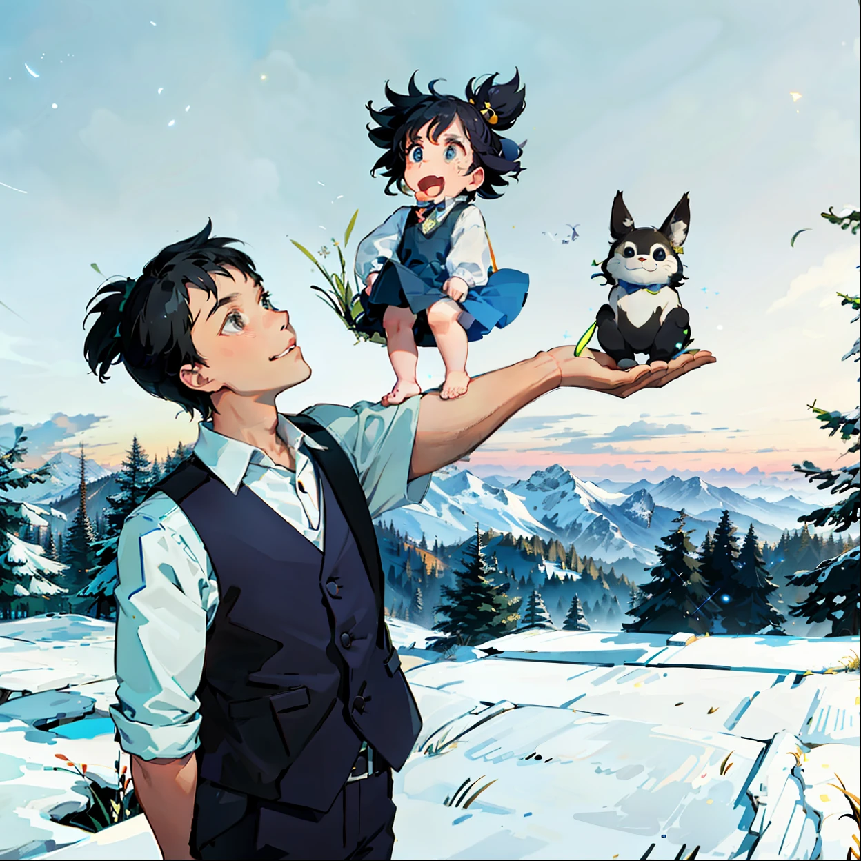 Masterpiece level, amazing style, deep love between father and daughter, elevated shot, the house is on the left side of the frame, the background is night, dark blue, starry sky, very elastic and creative, father wearing white vest and black pants smiling, hands Take the little girl, the little girl has pretty black hair, the grass and fireflies cover the bottom of the picture, and the tall pine trees on the right form a forest.