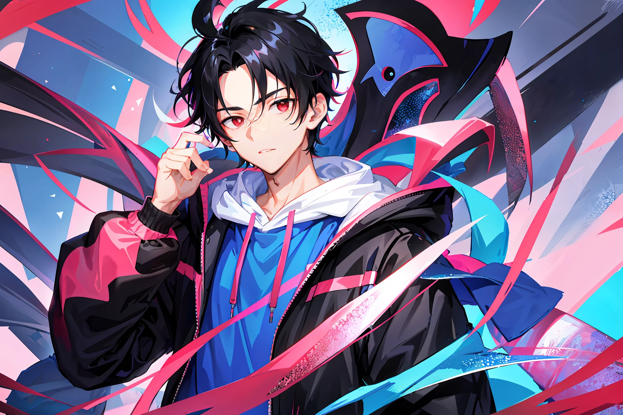 1 boy, handsome boy, black hair, comma hair, forehead comma hair, korean hair, street style, blue pink hoodie, Collor full background, shiny, Red eyes, looking at viewer, upper body
