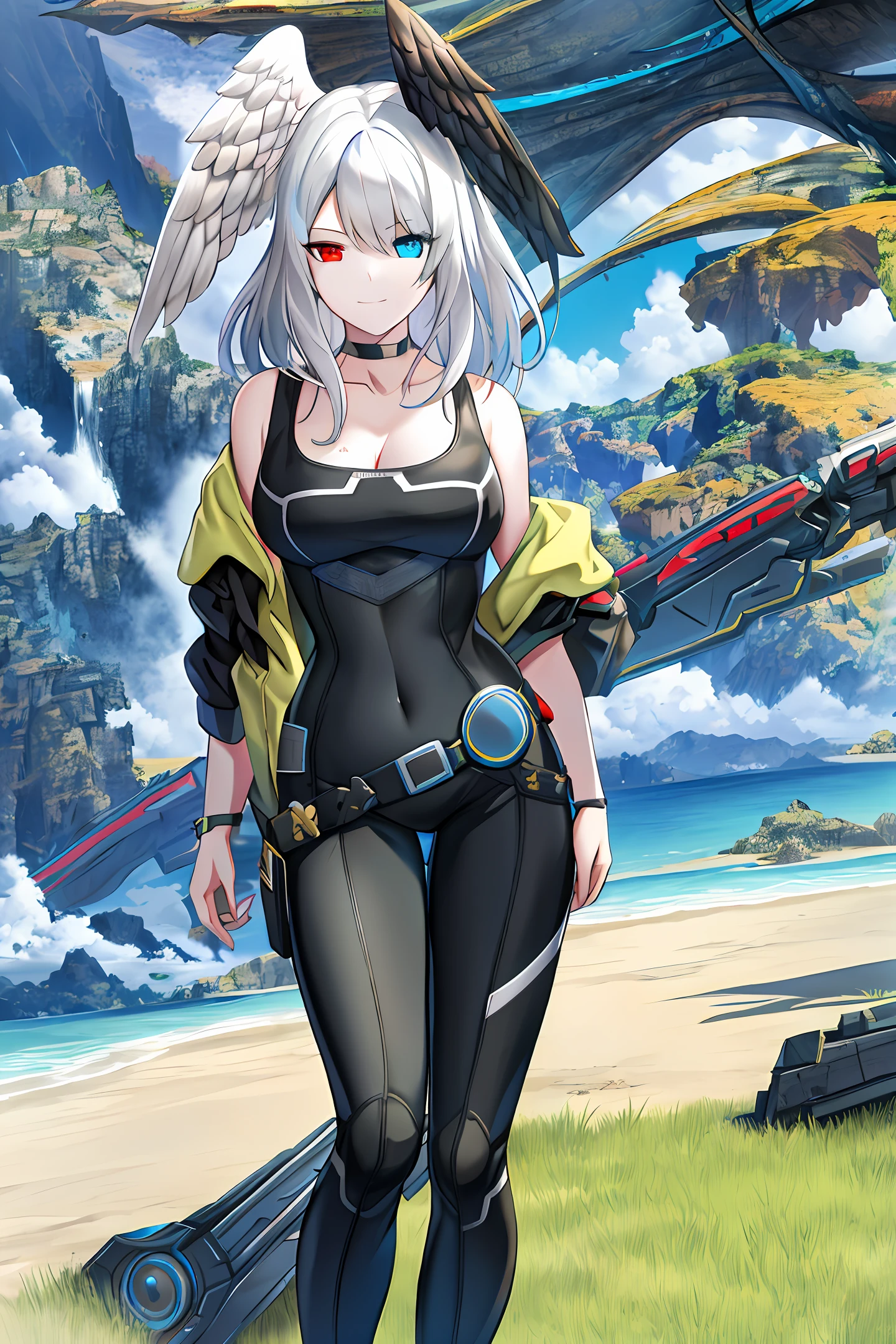 eunie,1girl,looking at viewer, light smile, brown hair, black choker,open jacket, bare shoulders, jacket, head wings,((blue and red eyes)),bodysuit,bangs,cleavage, breast pocket,  medium hair, large breasts, outdoors,  lawn, sitting, scenery, tree shade, (illustration:1.1),(best quality),(masterpiece:1.1),(extremely detailed CG unity 8k wallpaper:1.1),(highres:1.2),(an extremely delicate and beautiful),(extremely detailed),(colorful:0.9),(ink splashing:0.95),(color splashing:0.85),(watercolor:0.65), ((white hair)) , (((heterochromia)))