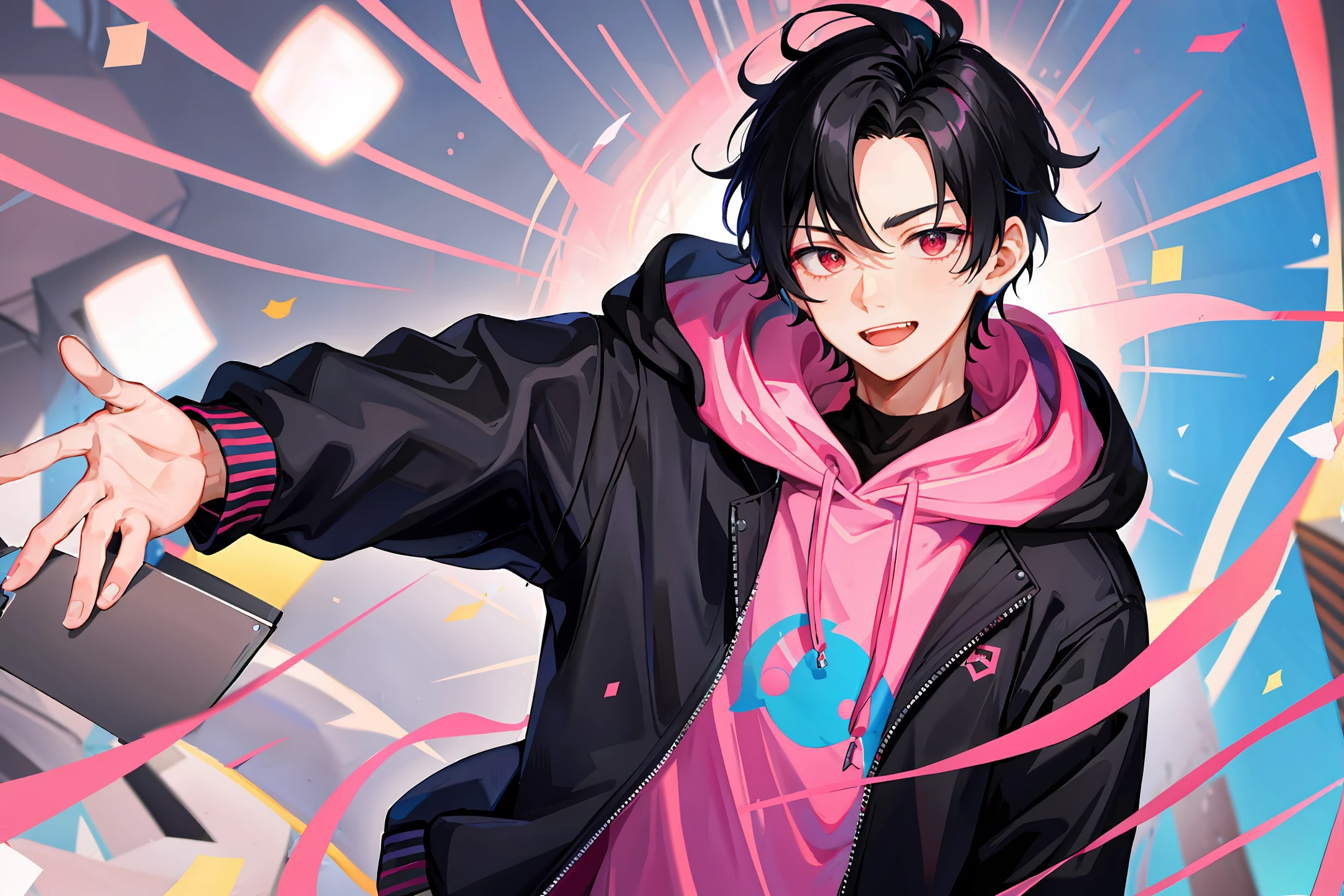 1 boy, handsome boy, black hair, comma hair, forehead comma hair, korean hair, street style, blue pink hoodie, Collor full background, shiny, Red eyes, looking at viewer, upper body, happy face