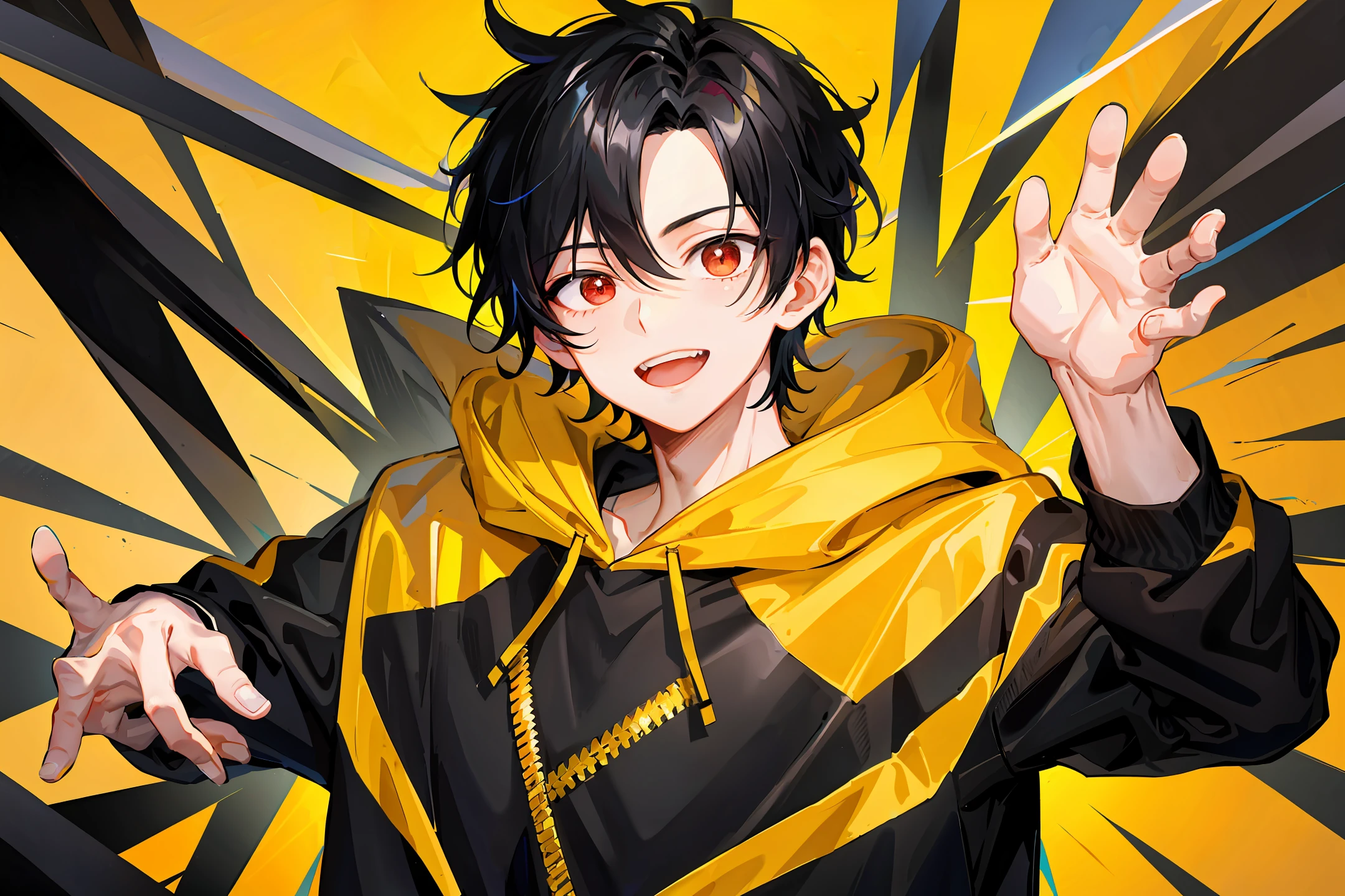 1 boy, handsome boy, black hair, comma hair, forehead comma hair, korean hair, street style, yellow black white hoodie, Collor full background, shiny, Red eyes, looking at viewer, upper body, happy face