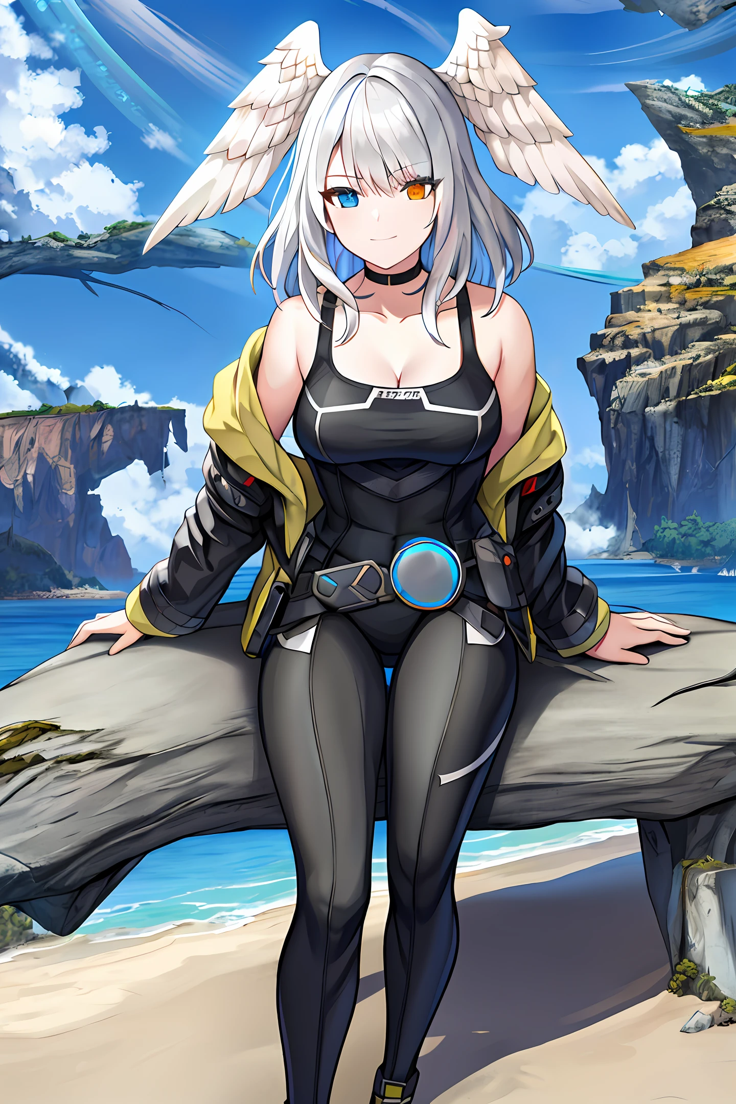 eunie,1girl,looking at viewer, light smile, brown hair, black choker,open jacket, bare shoulders, jacket, head wings,((blue and red eyes)),bodysuit,bangs,cleavage, breast pocket, medium hair, large breasts, outdoors, lawn, sitting, scenery, tree shade, (illustration:1.1),(best quality),(masterpiece:1.1),(extremely detailed CG unity 8k wallpaper:1.1),(highres:1.2),(an extremely delicate and beautiful),(extremely detailed),(colorful:0.9),(ink splashing:0.95),(color splashing:0.85),(watercolor:0.65), ((white hair)) , (((heterochromia)))