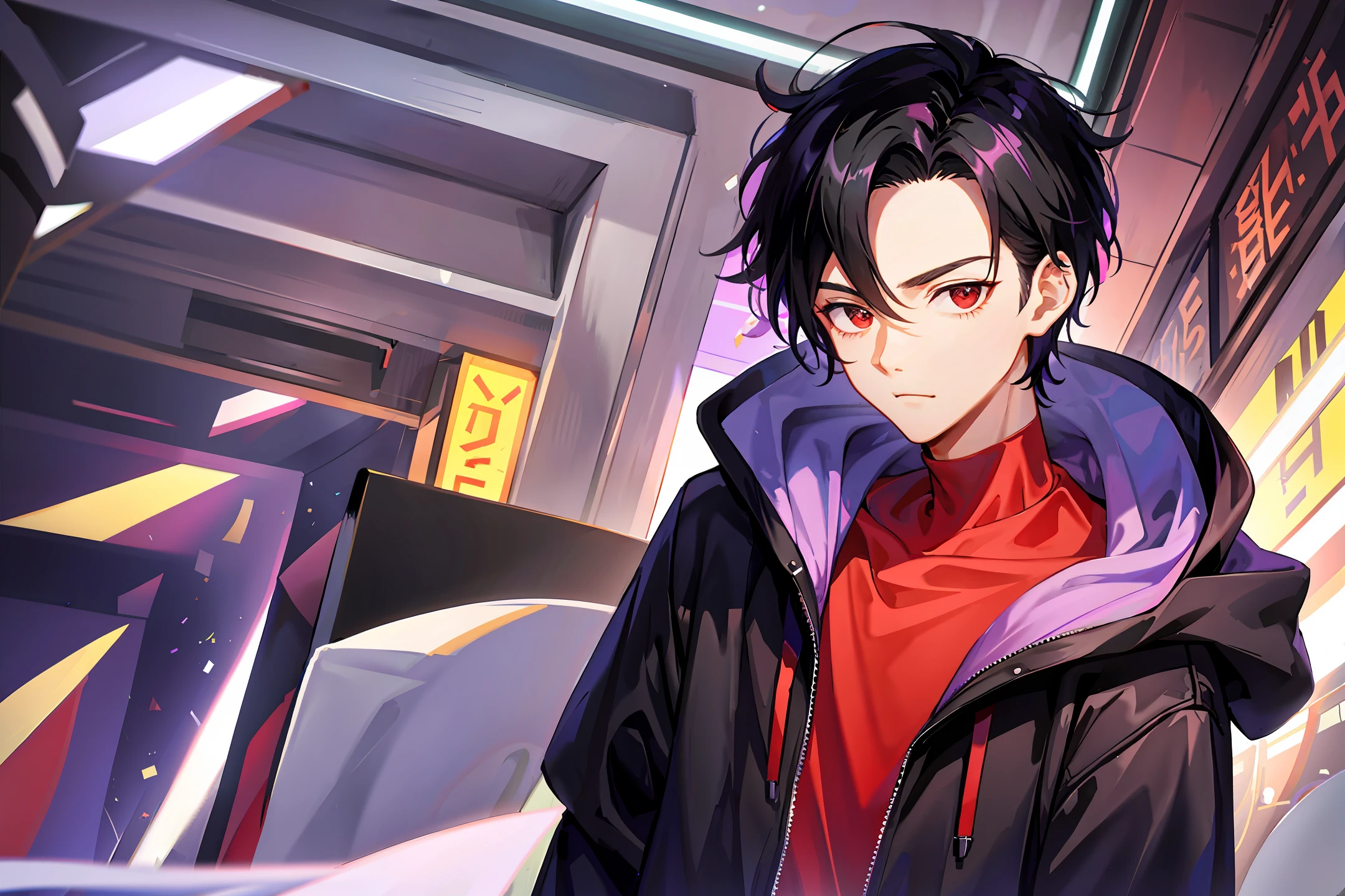 1 boy, handsome boy, black hair, comma hair, forehead comma hair, korean hair, street style, Purple hoodie, shiny, Red eyes, looking at viewer, upper body,  shy face