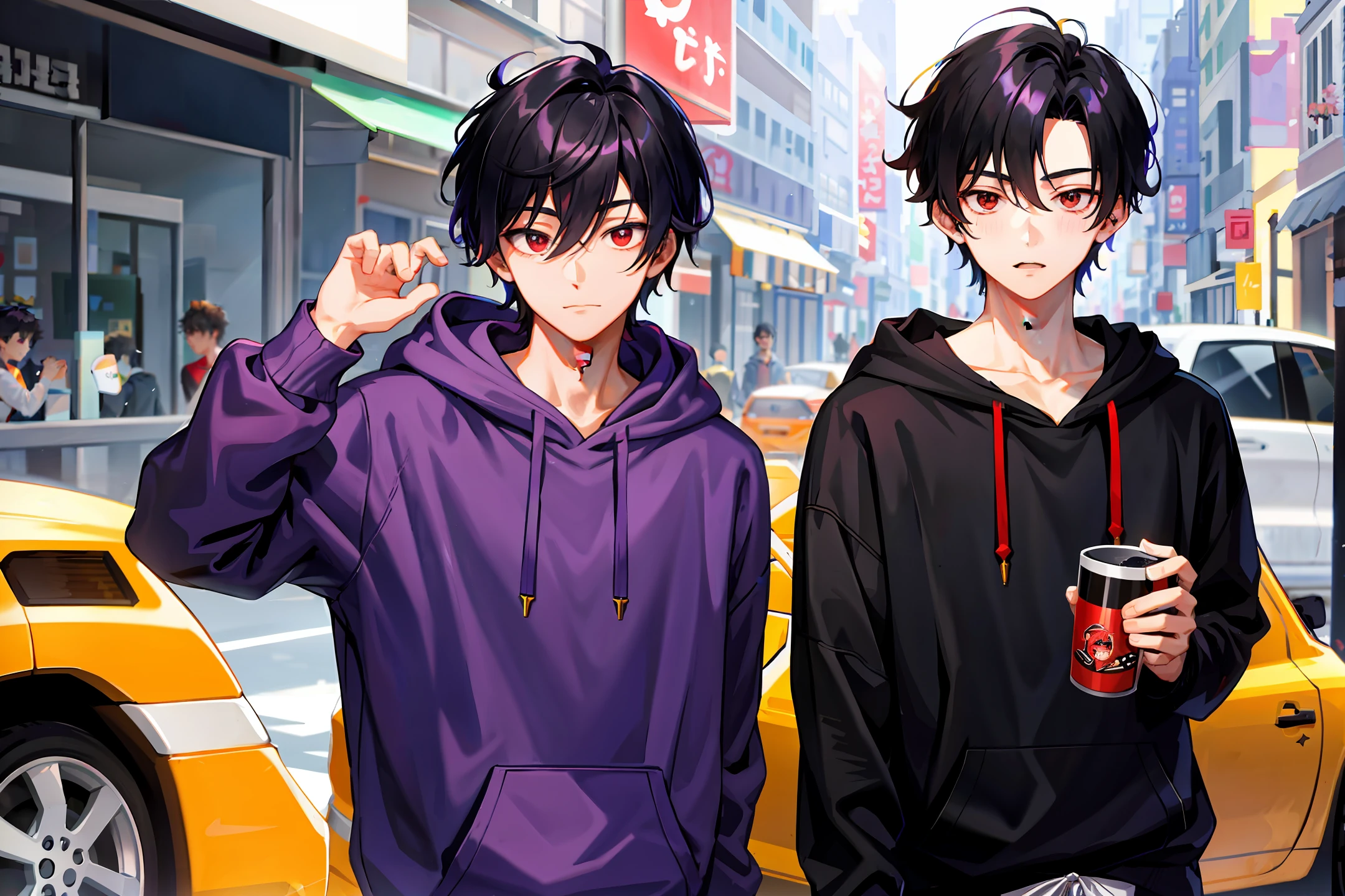 1 boy, handsome boy, black hair, comma hair, forehead comma hair, korean hair, street style, Purple hoodie, shiny, Red eyes, looking at viewer, upper body, shy face