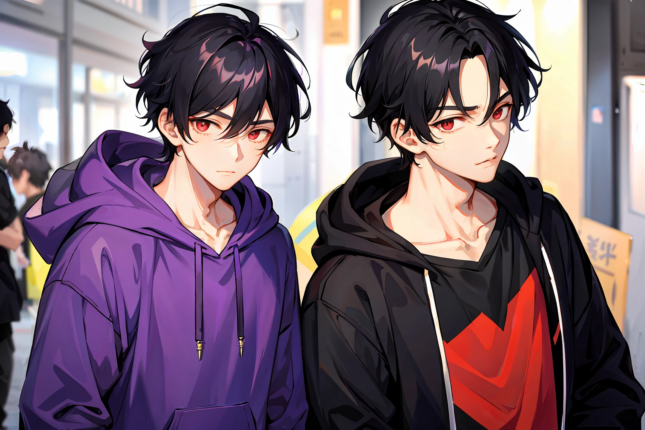 1 boy, handsome boy, black hair, comma hair, forehead comma hair, korean hair, street style, Purple hoodie, shiny, Red eyes, looking at viewer, upper body,  shy face