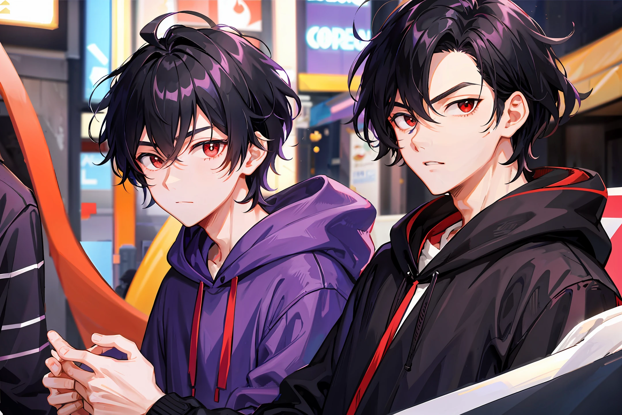 1 boy, handsome boy, black hair, comma hair, forehead comma hair, korean hair, street style, Purple hoodie, shiny, Red eyes, looking at viewer, upper body, shy face