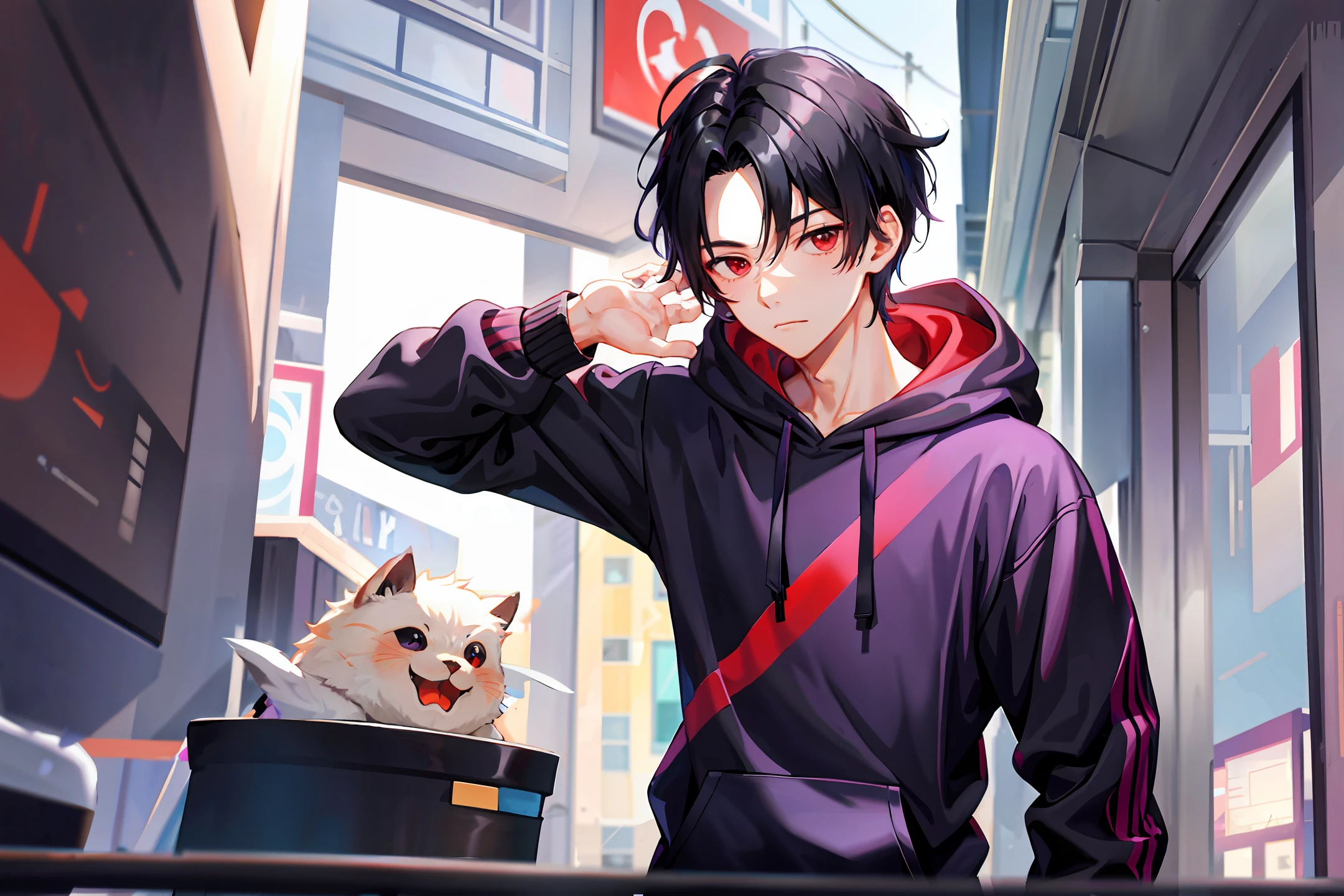 1 boy, handsome boy, black hair, comma hair, forehead comma hair, korean hair, street style, Purple hoodie, shiny, Red eyes, looking at viewer, upper body, shy face