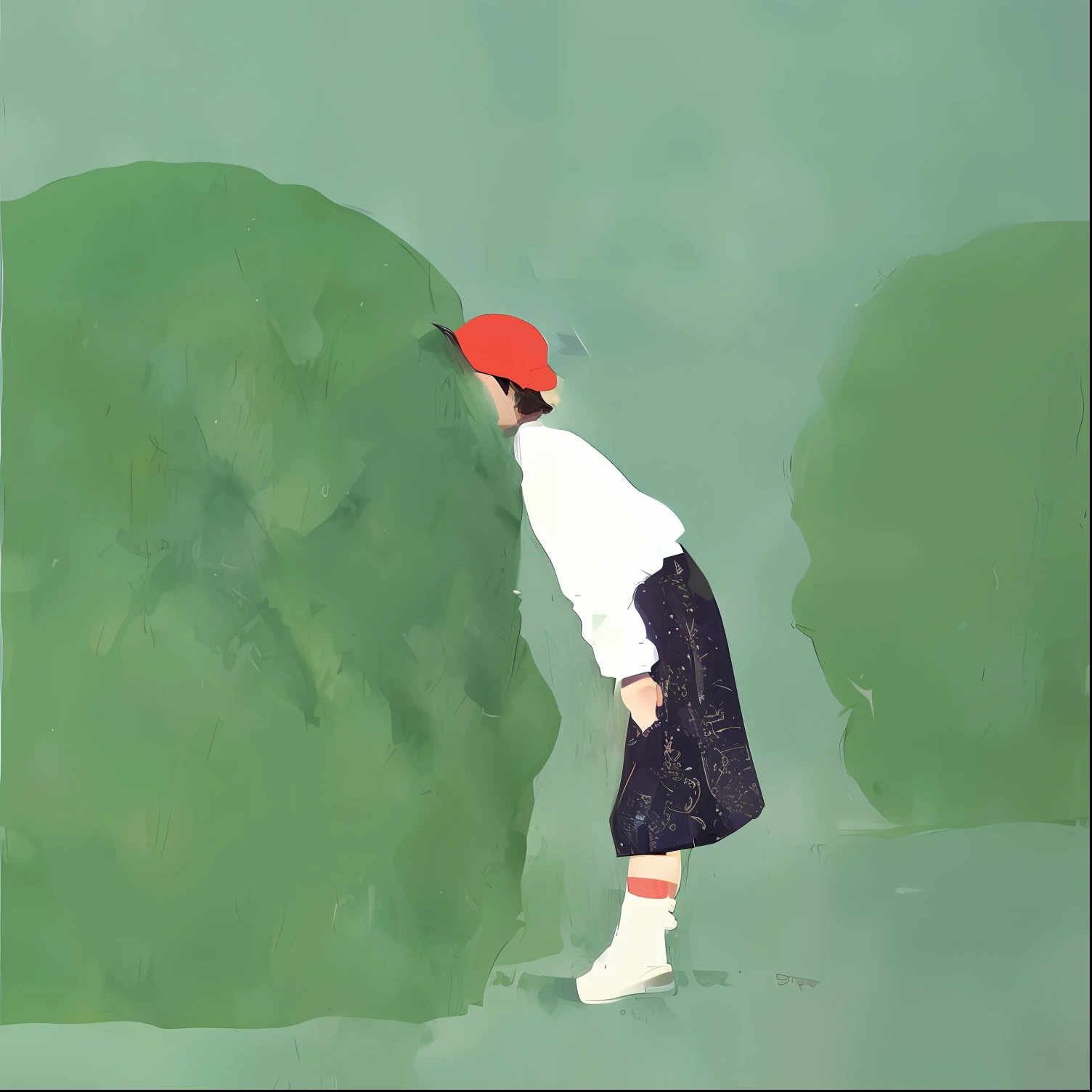 illustration of a person bending over to pick up a frisbee, tatsuro kiuchi, by Emiliano Ponzi, by Shin Yun-bok, by Mei Qing, tom hammick, by Matsui Fuyoko, by Hiroshi Honda, inspired by Emiliano Ponzi, inspired by John Brack, by Yuko Tatsushima, minimalist illustration