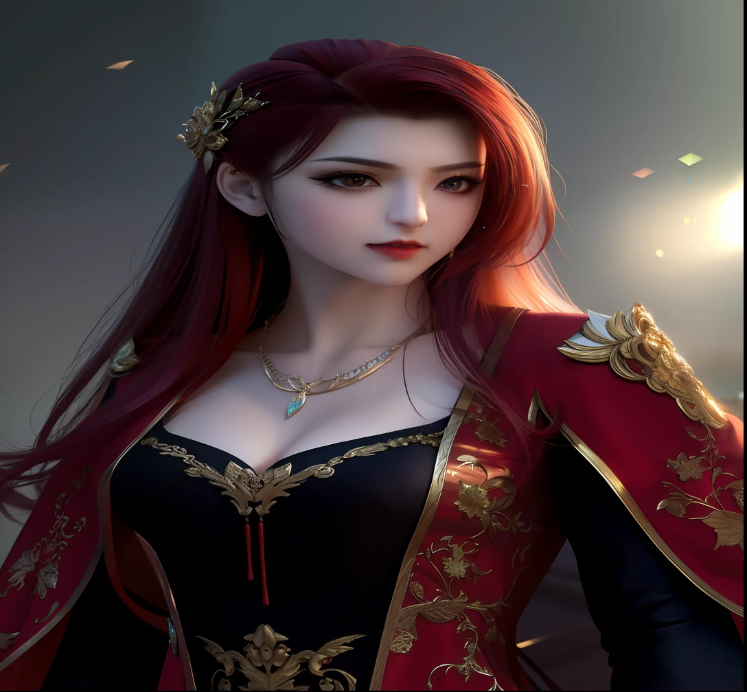 vampire, best quality, masterpiece, highres, 1girl,china dress,red hair, hair ornament,necklace, jewelry,Beautiful face,upon_body, tyndall effect,photorealistic, dark studio, rim lighting, two tone lighting,(high detailed skin:1.2), 8k uhd, dslr, soft lighting, high quality, volumetric lighting, candid, Photograph, high resolution, 4k, 8k, Bokeh