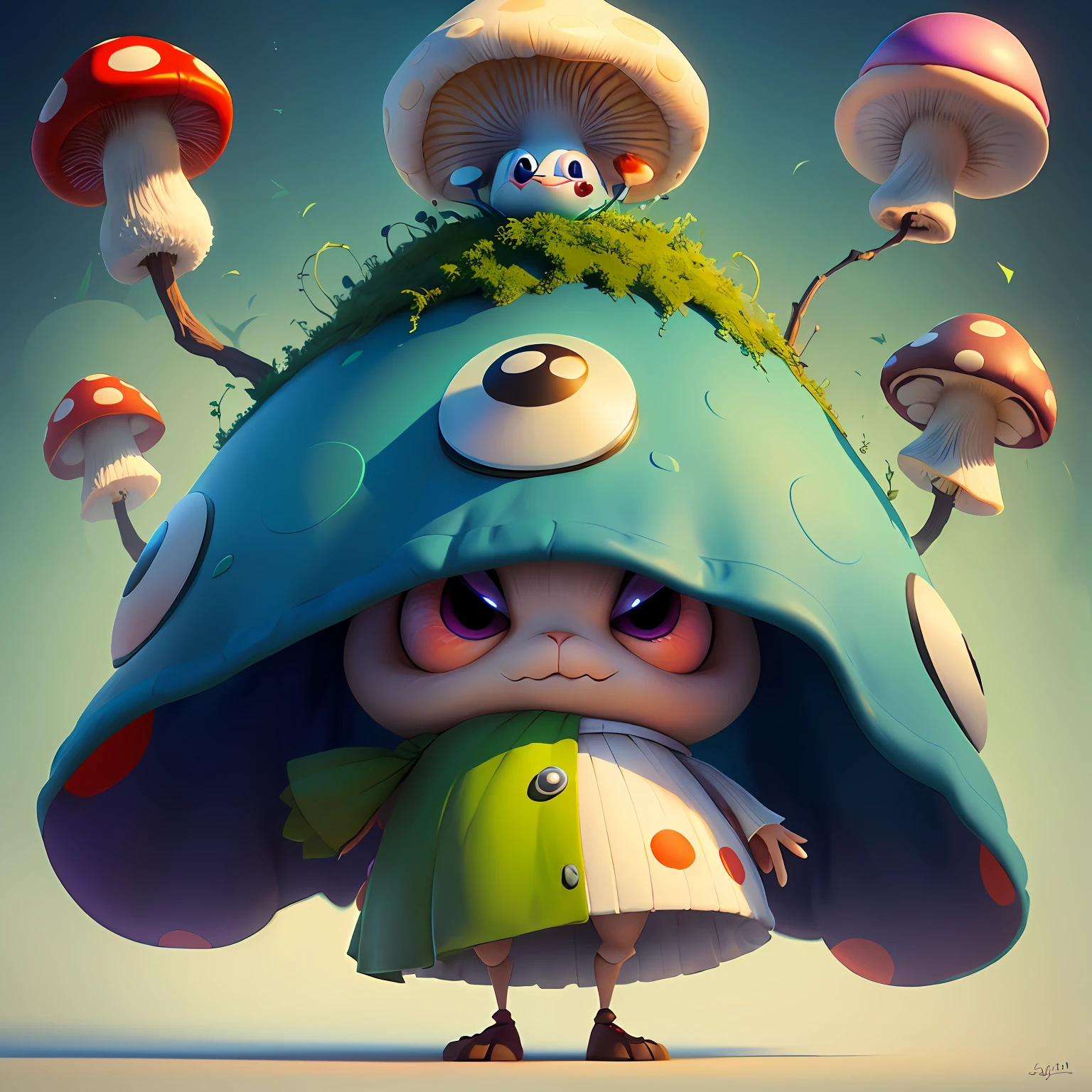 Design a cute mushroom villain, Pixar style