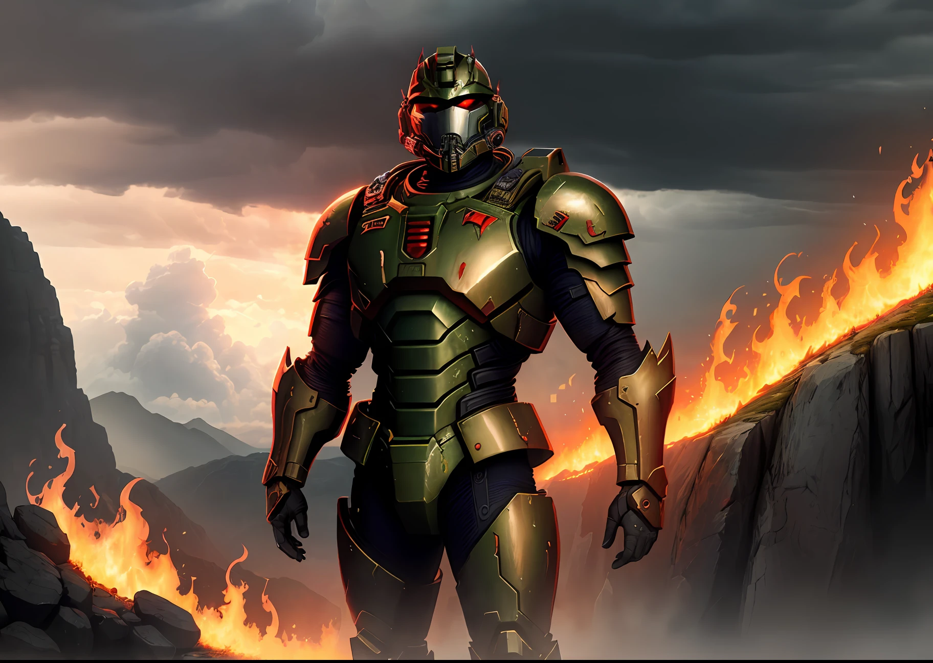 (masterpiece, best quality, ultra-detailed CG art): The Doomguy, wearing Praetor armor, standing on a hellish cliff, surrounded by dark, ominous clouds and the flickering fires of Hell.