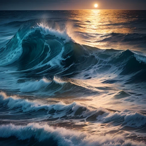 Sea at night, rough sea surface and sea bottom
