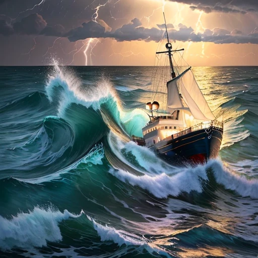 (Oil painting style, first-class quality and ultra-delicate), rough seas, lightning and thunder (water splashes: 1.2), clear night scene (low light perspective: 0.3), a small boat (people on the boat: 1), no daylight