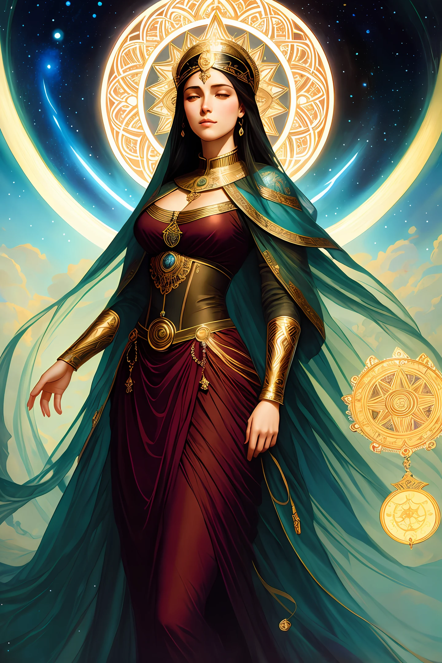 a beautiful latin woman, full body, looking at viewer, symmetric, eyes closed, slight smile, spirtual awakening, intricate details,
cosmic, ethereal, mystical, complicated environment, brush stokes, illuminating lights,
Greg Rutkowski, RHADS, Beeple, Makoto Shinkai, Lois van Baarle, Ilya Kuvshinov, Rossdraws, Tom Bagshaw, Alfonse Mucha,
masterpiece, ultra high res, high quality, the empress tarot card