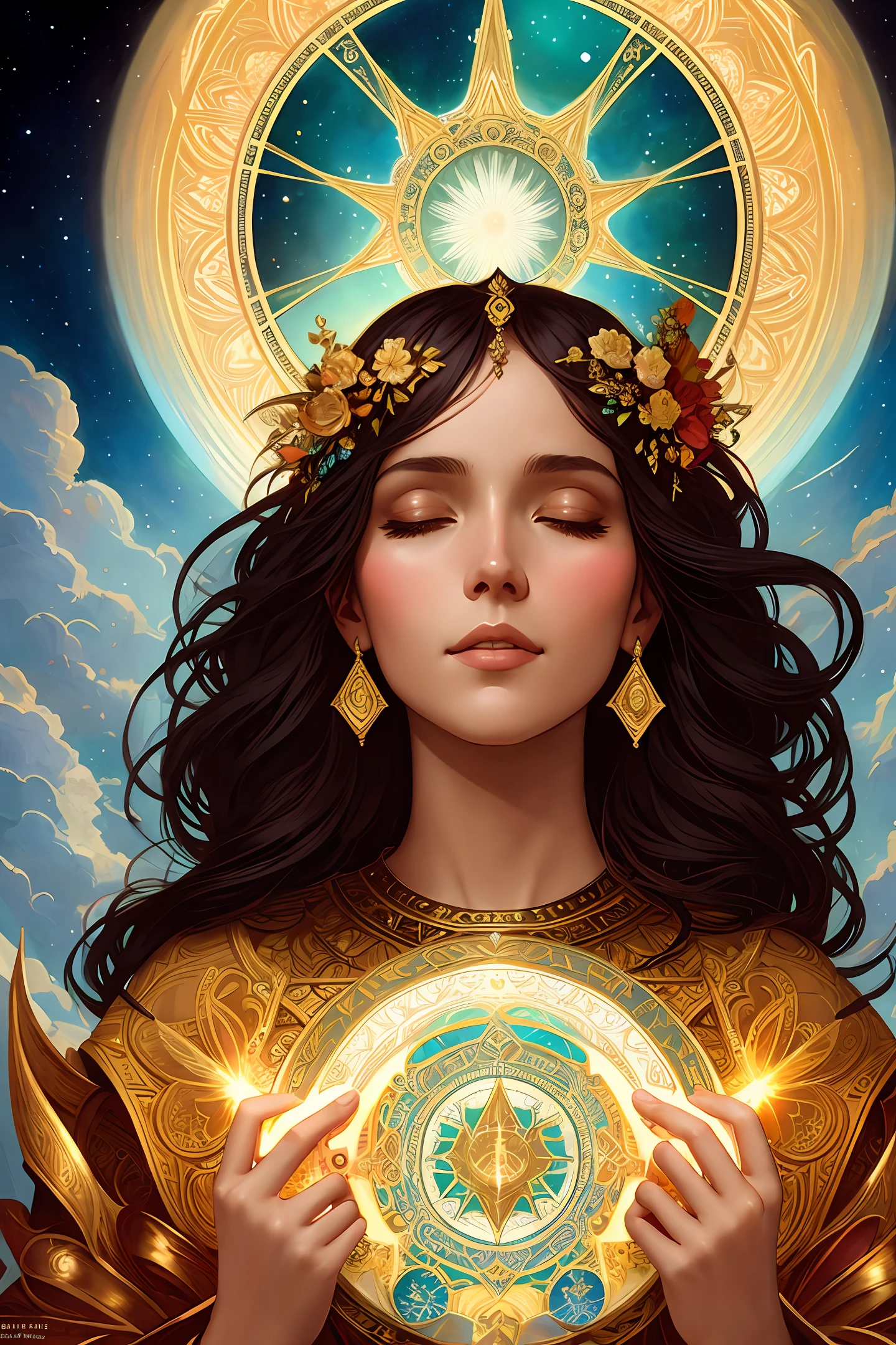a beautiful latin woman, full body, looking at viewer, symmetric, eyes closed, slight smile, spirtual awakening, intricate details,
cosmic, ethereal, mystical, complicated environment, brush stokes, illuminating lights,
Greg Rutkowski, RHADS, Beeple, Makoto Shinkai, Lois van Baarle, Ilya Kuvshinov, Rossdraws, Tom Bagshaw, Alfonse Mucha,
masterpiece, ultra high res, high quality, the empress tarot card