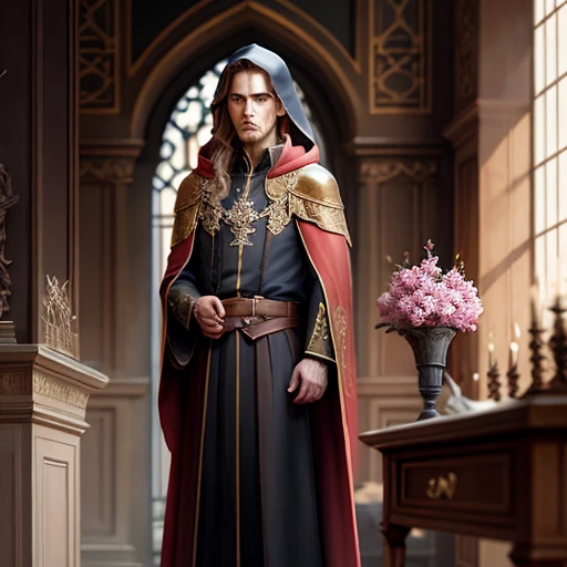 [A young male wizard in red robes with embroidered gold heraldic signs, Breton, pale skin, moody, chagrin, weathered, angular features, stern, intelligent, long brown hair, black hooded cloak, fantasy art, portrait, ultra realistic, oil painting:1.5, comic book art style:0.5, inked outline:0.3, character concept design, reference pose, character creation, centred, detailed clothing, hyperrealistic, by John Collier, by Alphonse Mucha, sharp focus], highly detailed French castle, highly detailed archway, highly detailed room, intricate, (muted natural colors:1.3), atmospheric, sunset, dark