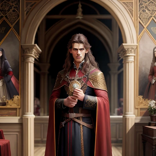 [A young male wizard in red robes with embroidered gold heraldic signs, Breton, pale skin, moody, chagrin, weathered, angular features, stern, intelligent, long brown hair, fantasy art, portrait, ultra realistic, oil painting:1.5, comic book art style:0.5, inked outline:0.3, character concept design, reference pose, character creation, centred, detailed clothing, hyperrealistic, by John Collier, by Alphonse Mucha, sharp focus], highly detailed French castle, highly detailed archway, highly detailed room, intricate, (muted natural colors:1.3), atmospheric, sunset, dark