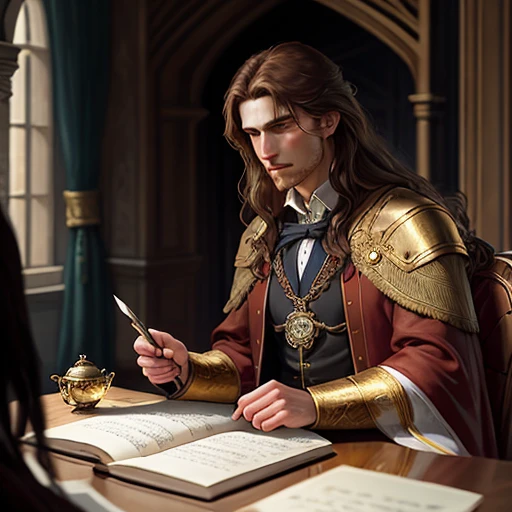 [A young male wizard in red robes with embroidered gold heraldic signs, Breton, pale skin, moody, chagrin, weathered, angular features, stern, intelligent, long brown hair, fantasy art, portrait, ultra realistic, oil painting:1.5, comic book art style:0.5, inked outline:0.3, character concept design, reference pose, character creation, centred, detailed clothing, hyperrealistic, by John Collier, by Alphonse Mucha, sharp focus], highly detailed French castle, highly detailed archway, highly detailed room, intricate, (muted natural colors:1.3), atmospheric, sunset, dark