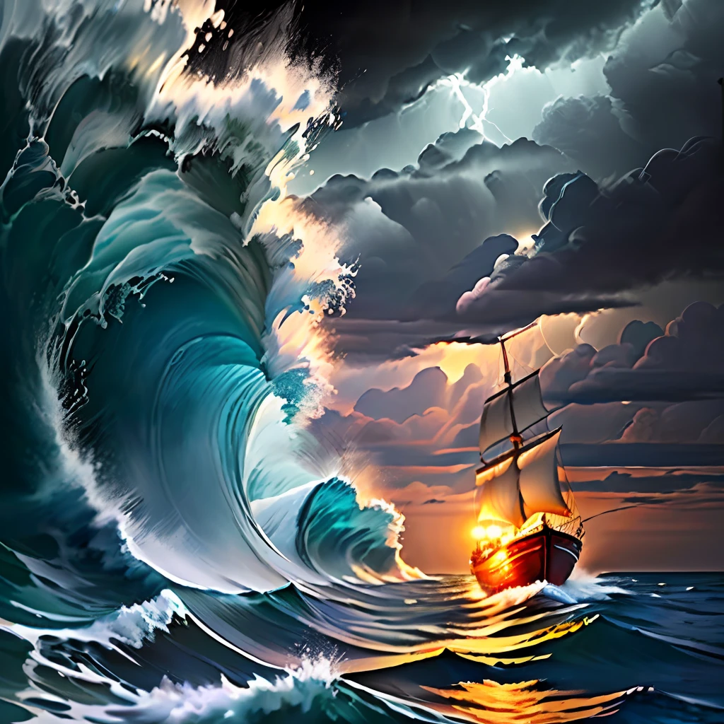 (Oil painting style, first-class quality and ultra-delicate), choppy waves, lightning and thunder (water splashing: 1.2), a clear night scene (low-light perspective: 0.1), a small fishing boat (people on the boat: 0.8) , no daylight. incredible depth