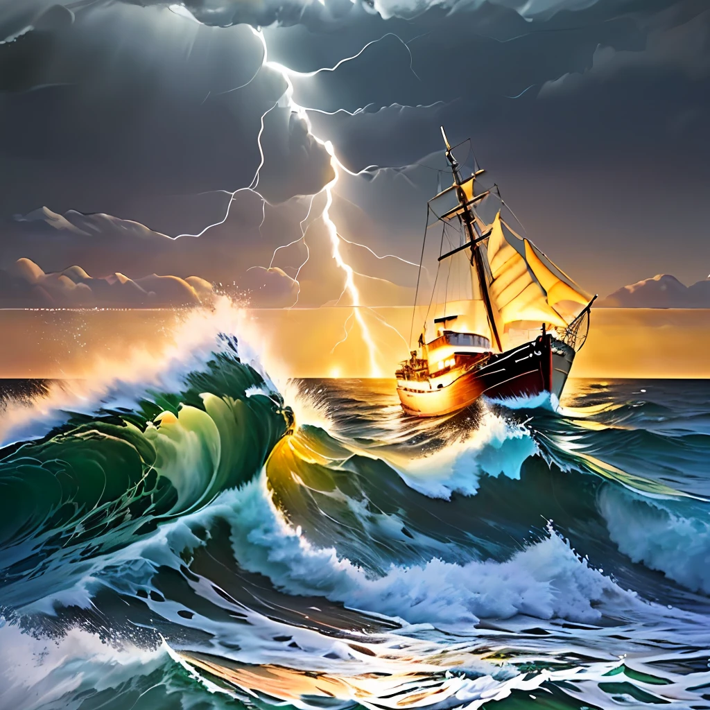 (Oil painting style, first-class quality and ultra-delicate), choppy waves, lightning and thunder (water splashing: 1.2), a clear night scene (low-light perspective: 0.1), a small fishing boat (people on the boat: 0.8) , no daylight. incredible depth