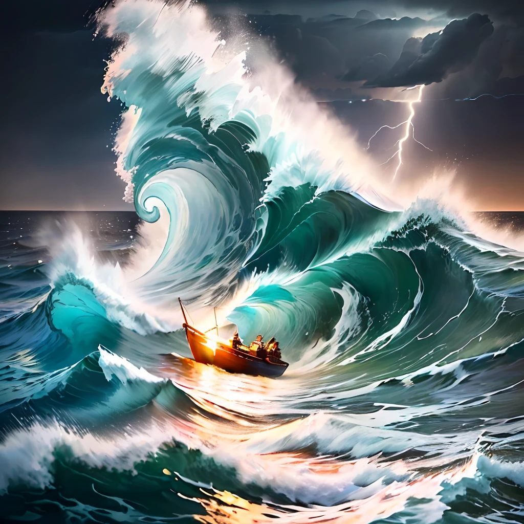 (Oil painting style, first-class quality and ultra-delicate), choppy waves, lightning and thunder (water splashing: 1.2), a clear night scene (low-light perspective: 0.1), a small fishing boat (people on the boat: 0.8) , no daylight. incredible depth