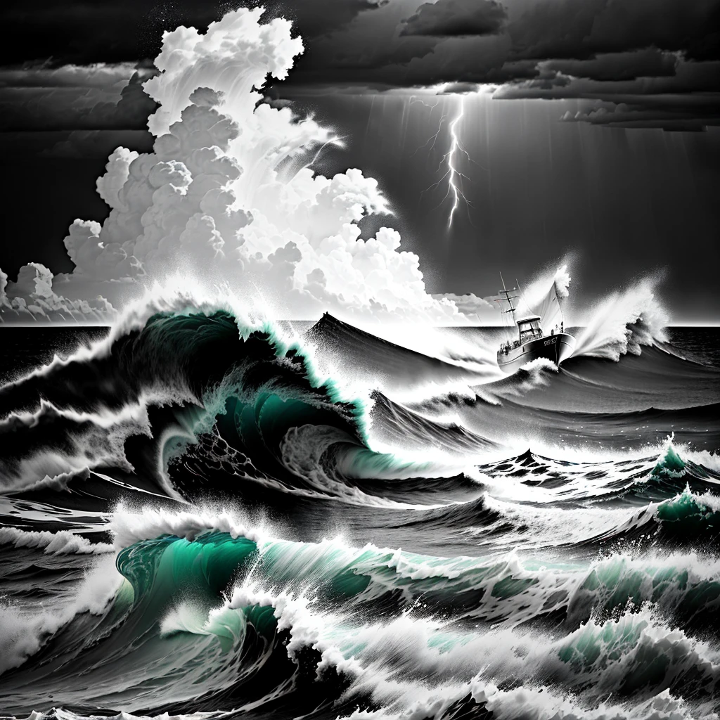 (black and white film: 1.2), rough seas, lightning and thunder, (water splashing: 1.2), clear night scene, (low light: 0.1) vista, a small fishing boat, (people on the boat: 0.8),