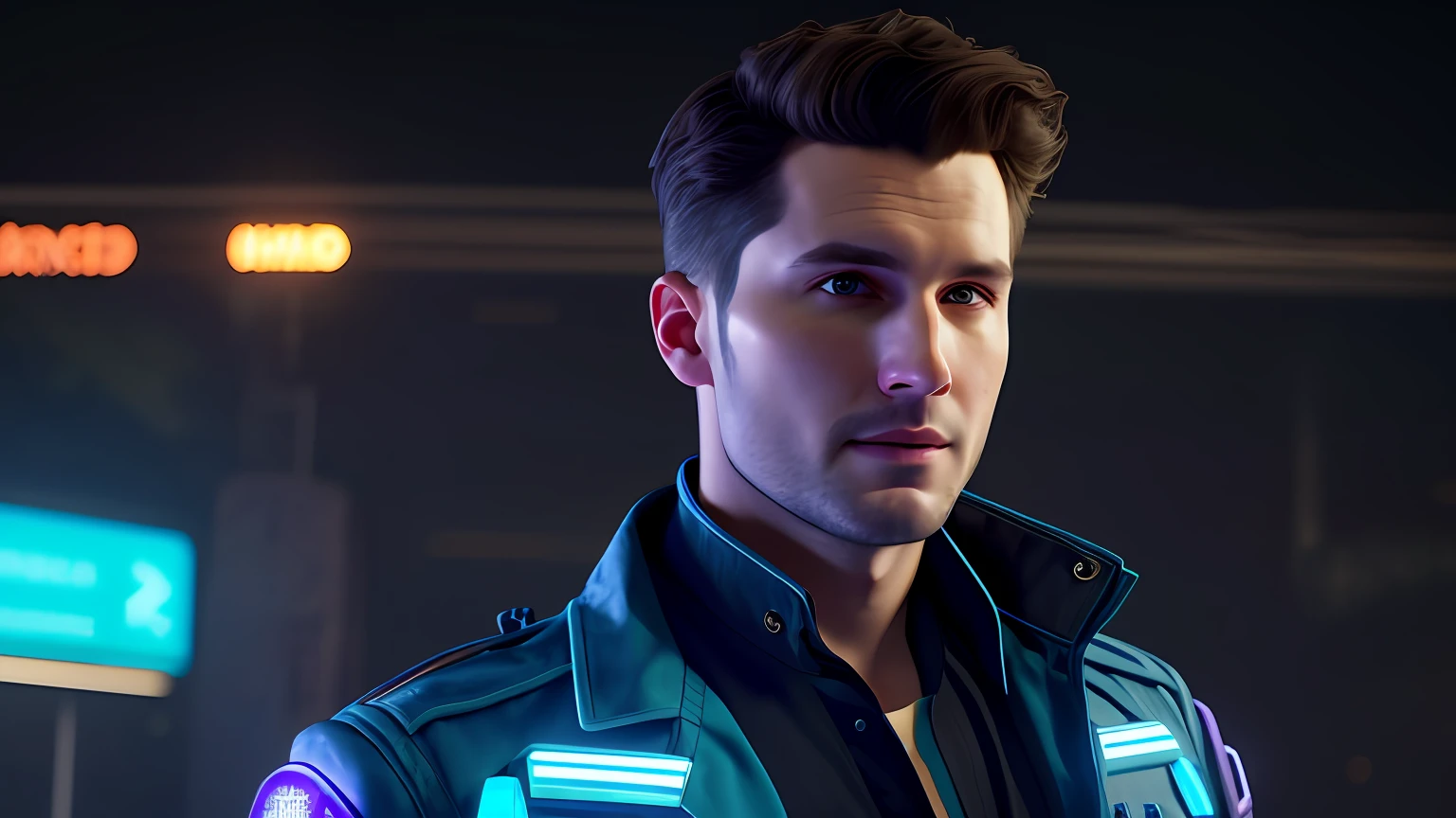 Portrait of actor bryan Dechart as Connor at neon night, his face is illuminated by violet neon, model shooting style (extremely detailed CG unity 8k), full frame photography of the most beautiful work of art in the world, black blazer, future, cyberpunk, (cyberpunk 2077 style, future aesthetic), professional majestic painting by Greg Rutkowski, trending on ArtStation, trending on CGSociety, intricate, highly detailed, clear focus, dramatic, photorealistic painting by Midjourney