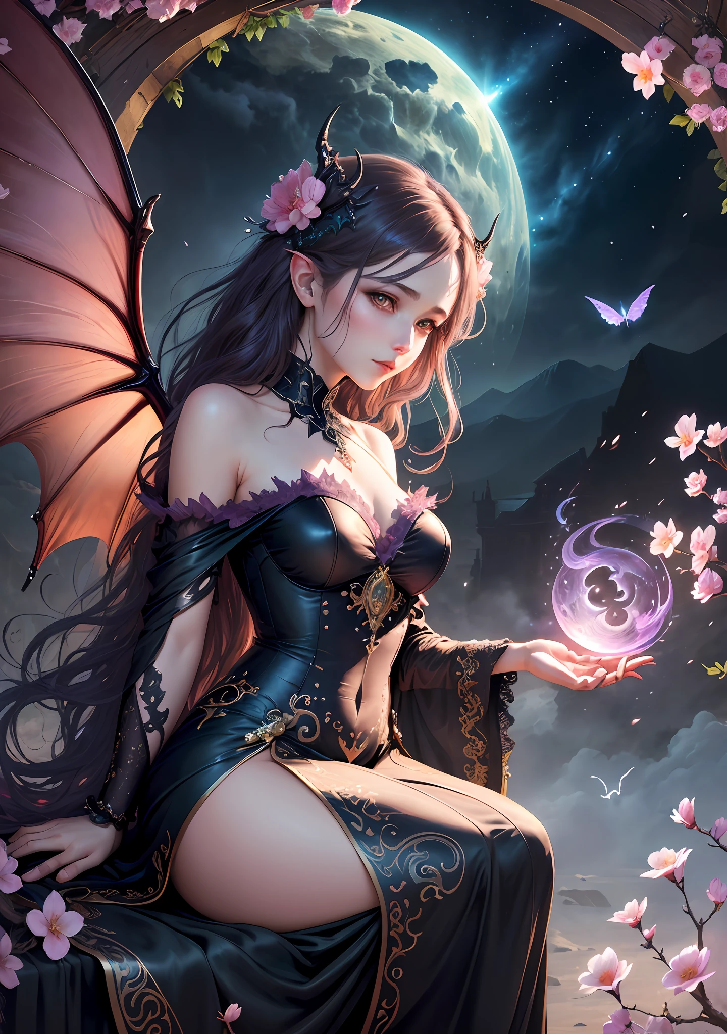 ((best quality)), ((masterpiece)), (detailed), alluring succubus, ethereal beauty, perched on a pink blossom tree, (fantasy illustration:1.3), enchanting gaze, captivating pose, solo girl, delicate butterfly wings, otherworldly charm, mystical sky, (Luis Royo:1.2), (Yoshitaka Amano:1.1), moonlit night, soft colors, (detailed cloudscape:1.3), (high-resolution:1.2) (dragon flying in the sky) long black dress,