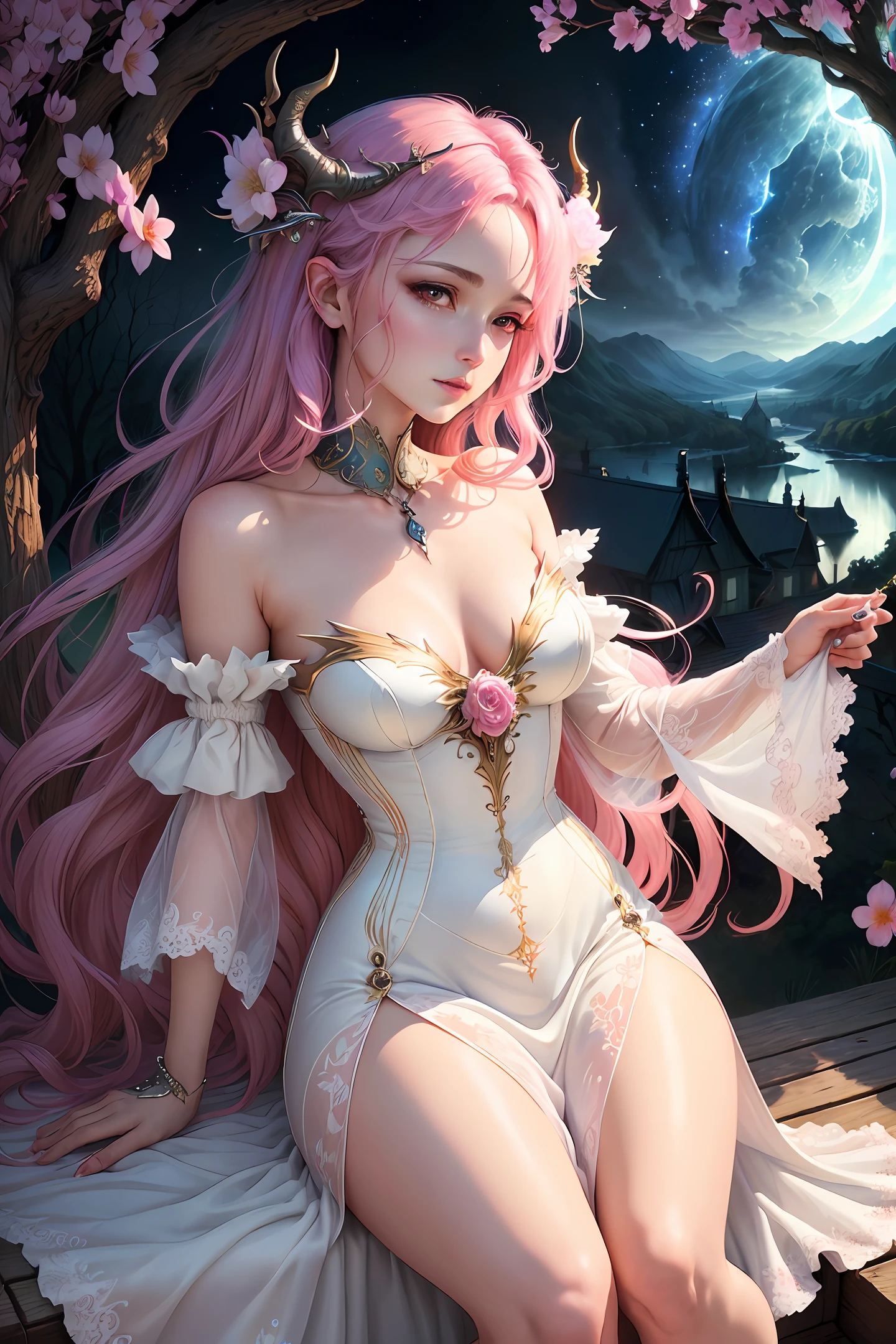 ((best quality)), ((masterpiece)), (detailed), alluring succubus, ethereal beauty, perched on a pink blossom tree, (fantasy illustration:1.3), enchanting gaze, captivating pose, solo girl, delicate butterfly wings, otherworldly charm, mystical sky, (Luis Royo:1.2), (Yoshitaka Amano:1.1), moonlit night, soft colors, (detailed cloudscape:1.3), (high-resolution:1.2) (dragon flying in the sky) long white dress,