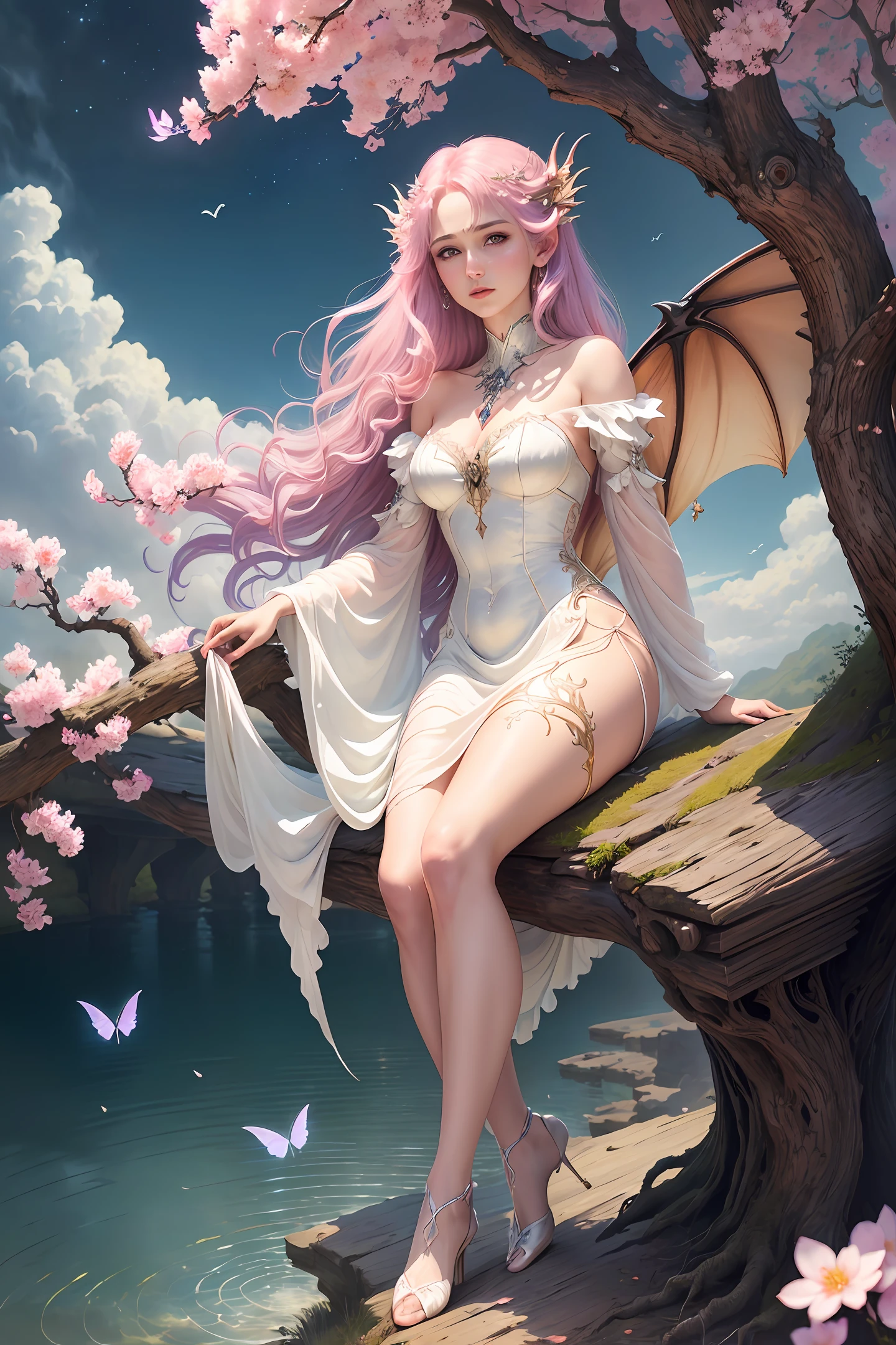 ((best quality)), ((masterpiece)), (detailed), alluring succubus, ethereal beauty, perched on a pink blossom tree, (fantasy illustration:1.3), enchanting gaze, captivating pose, solo girl, delicate butterfly wings, otherworldly charm, mystical sky, (Luis Royo:1.2), (Yoshitaka Amano:1.1), moonlit morning, soft colors, (detailed cloudscape:1.3), (high-resolution:1.2) (dragon flying in the sky) long white dress, legs dangling above pond
