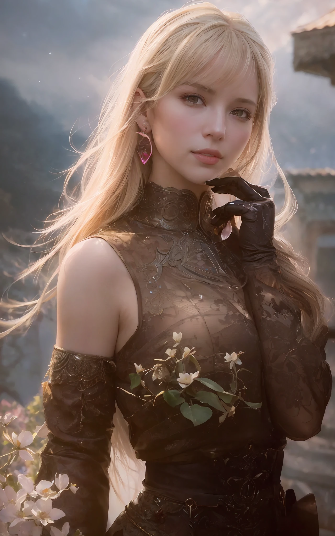 ((1girl)),((solo)),(front shot),face shot,Alettaocean:1.6,DREAMLIKEART,in spring,harukatron,PORTRAITS,tsukiumi,thepit bimbo:1.8,mature female,gyaru,(realistic:1.5) , masterpiece, best quality, masterpiece, best quality, mature woman, smile, open mouth , chinese clothes, roof, ((((((looking at viewer))))), (high sharpness), earrings, smile, closed mouth , gloves, gauntlets, ((detailed facial features)), shiny skin, ((very detailed skin, skin details)), long bangs, (very long blonde hair), (beautiful bright clear eyes), (detailed pupils: 1.1 ), long eyelashes: 1.5, brown eyeshadow, blue eyeliner, strong makeup, chestnut mouth, pink lips, (beautiful), (beautiful), shiny skin, oil on canvas, masterpiece, god rays, octane rendering, photographed , photorealistic pictorial art by midjourney and greg rutkowski,(insanely detailed, bloom:1.5),hyperrealistic,unreal cinematic engine smooth,intricate,highly detailed,HDR,8k resolution,4k resolution,best quality,dramatic,good composition,by Jeremy Mann , Greg Manchess, Antonio Moro,trend on ArtStation,trend on CGSociety,star \(sky\),starry,strry light,night,colorful,cloud,,masterpiece,best quality,