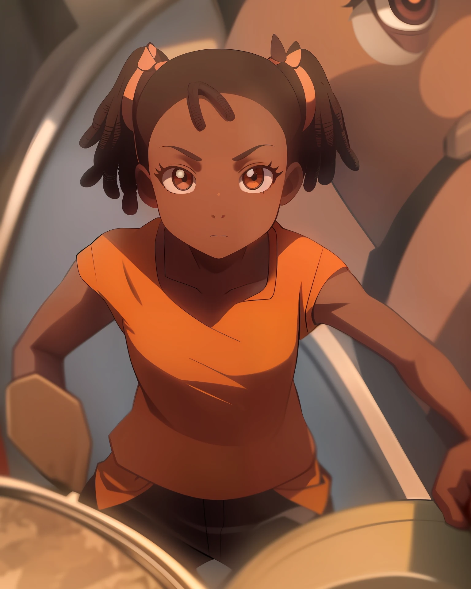 bsqam,solo, upper body, (1girl, dreadlocks,twintails,breasts),standing, bandaid on face, looking at viewer, wearing (orange shirt,black shorts), fisheye lens, facing viewer, close up