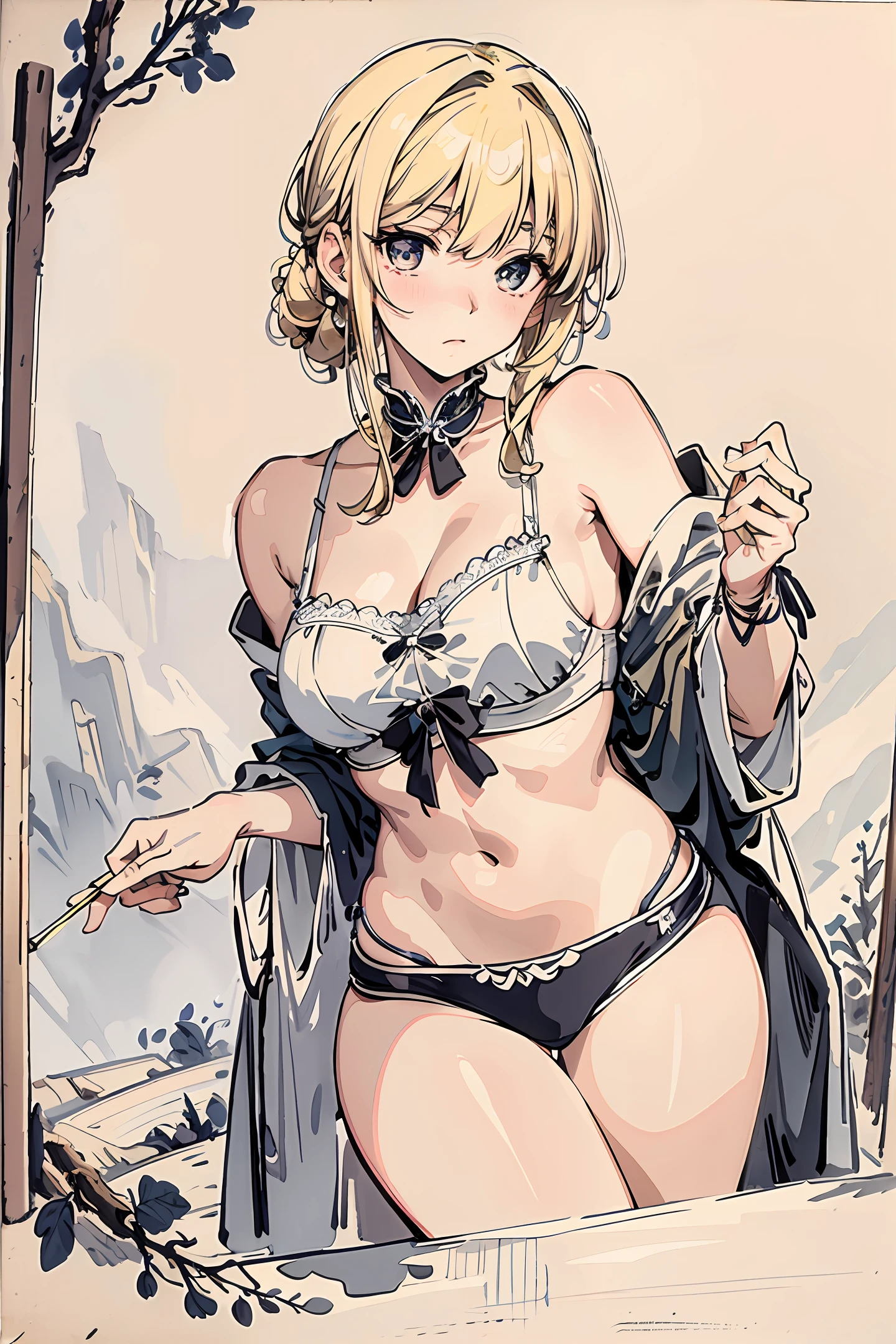 Masterpiece, top quality, very delicate and beautiful girl, embarrassed expression, clothes are exposed and underwear is visible, midriff, lower abdomen, cleavage, very delicate and beautiful, world masterpiece theater, super definition degree, best quality, blonde, high res, highly detailed, girl, best quality, illustration, viewer watching, impasto, canvas, oil painting, realism, realistic
