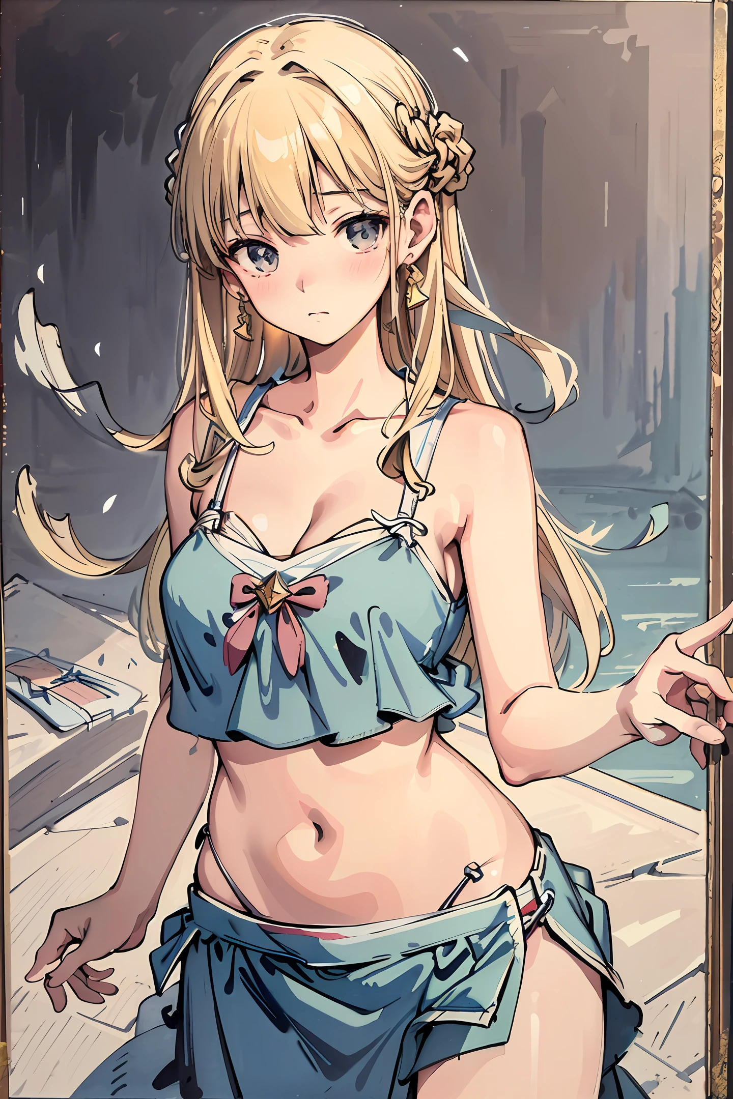 Masterpiece, top quality, very delicate and beautiful girl, embarrassed expression, clothes are exposed and underwear is visible, midriff, lower abdomen, cleavage, very delicate and beautiful, world masterpiece theater, super definition degree, best quality, blonde, high res, highly detailed, girl, best quality, illustration, viewer watching, impasto, canvas, oil painting, realism, realistic