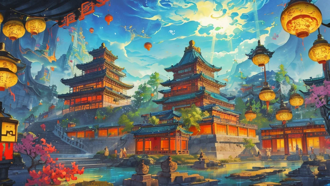 The game scene, the ancient Chinese palace is located above the clouds, surrounded by clouds and mist, majestic, glazed tiles, Buddha statues, colorful rays of light, ((color ink)),((splash ink)),((splash ink) ink}) ), masterpiece, high quality, exquisite graphics, high detail