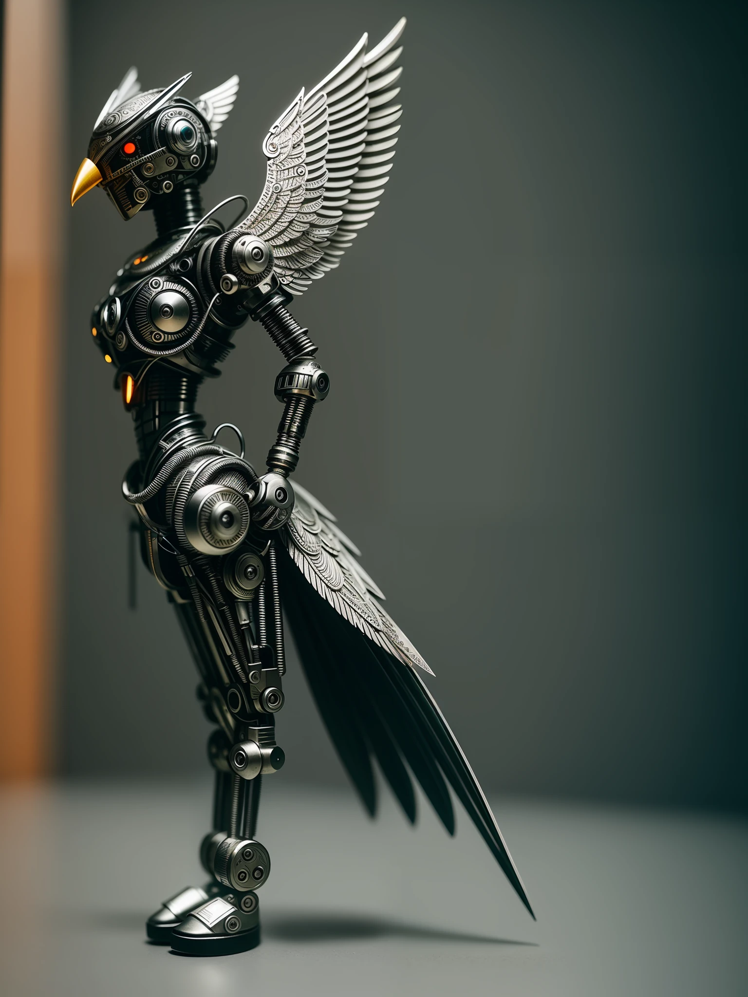 a cute angelbird made out of metal, (cyborg:1.1), ([tail | detailed wire]:1.3), (intricate details), hdr, (intricate details, hyperdetailed:1.2), cinematic shot, vignette, centered
