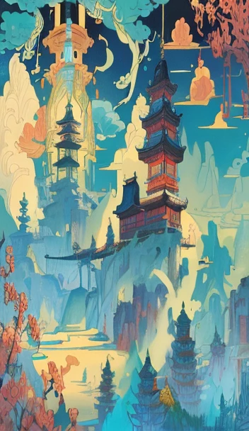 tan&blue chinoiserie wallpaper by vertigo,in the style of sky-blue and white,fantastical dreamscapes,hyper-detailed illustrations,bold lines,vibrant color,woodcut,precise;dragon art,高质量,高细节
