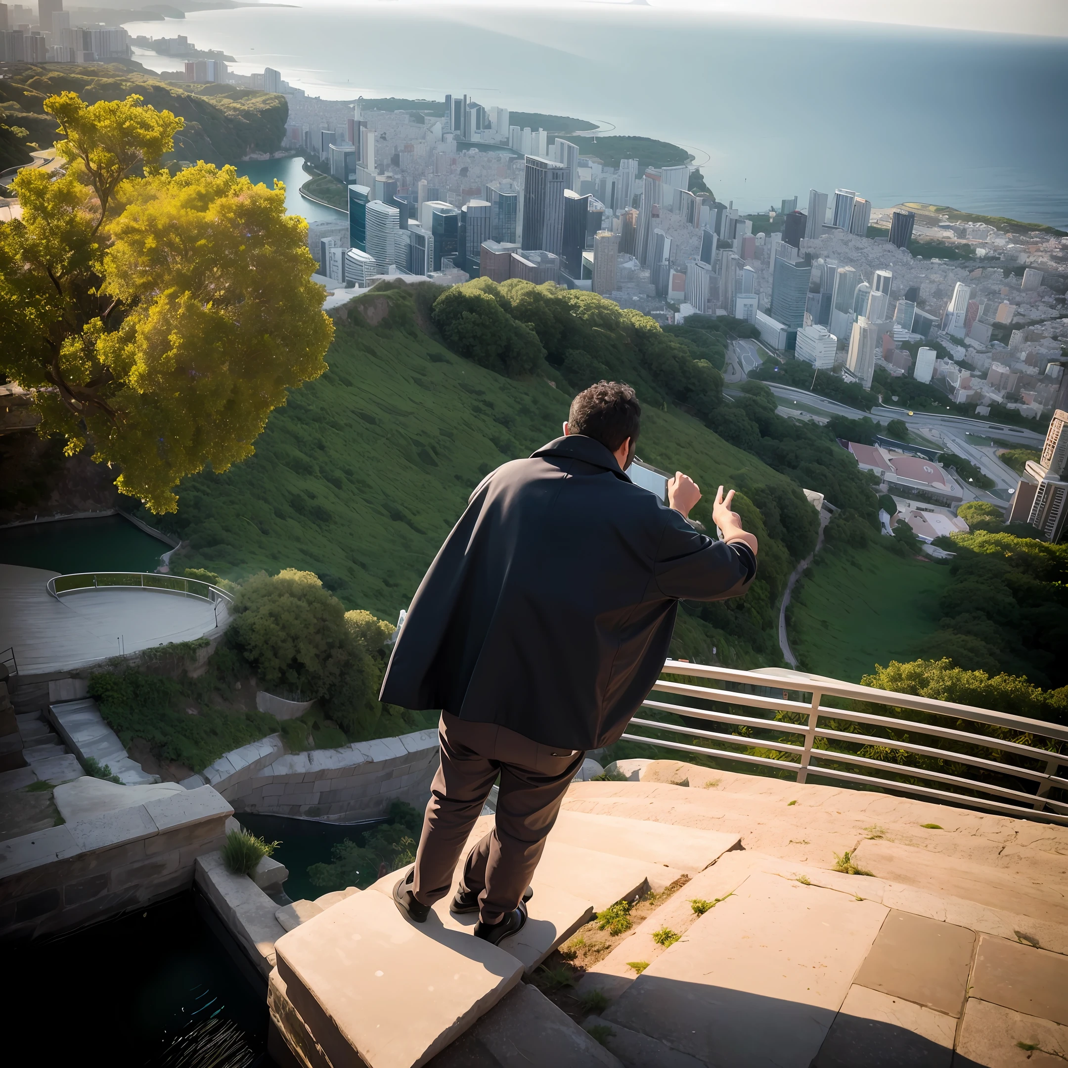 arafed man standing on a hill overlooking a city and a lake, with a city in the background, nice view, city in the background, in the middle of the city, very very low quality picture, with a park in the background, surrounding the city, ismail, city in background, amazing view, beautiful view, paradise in the background, great view