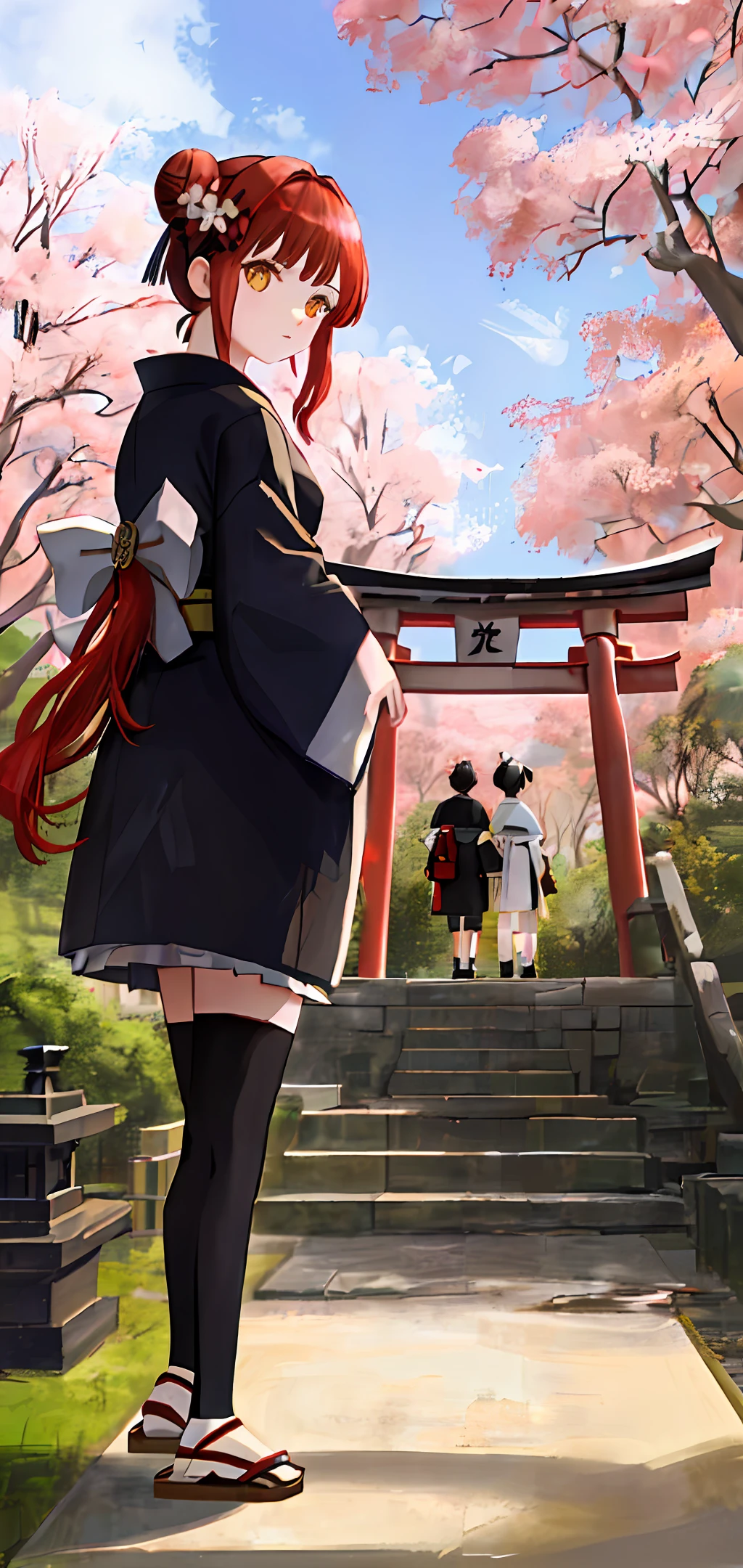 ((masterpiece,best quality)),2girls, black kimono, black legwear, black ribbon, black hair, cherry blossoms, day, flower, hair bun, hair ribbon, japanese clothes, kimono, long hair, looking at viewer, looking back, multiple girls, obi, outdoors, red eyes, red hair, ribbon, sandals, single hair bun, stairs, standing, statue, torii, tree, white kimono, yellow eyes