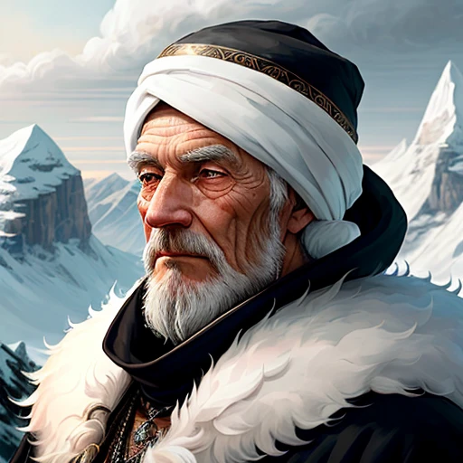 (Dreamy, mysterious, soft) The old man is in the vast mountains, with a white fur cloak and a black fur hat, exuding a mysterious and noble atmosphere. The mysterious eyes contained infinite wisdom, as if the old man knew everything and possessed extraordinary abilities. In this vast nature of ice and snow, he is the God of Ice, in charge of the mysteries of nature.