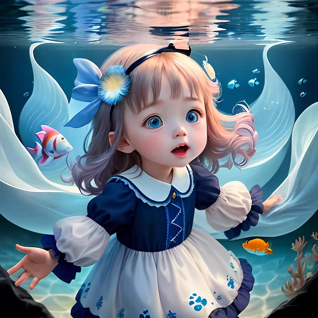 A cute girl with blue eyes accidentally entered the dream world. In the dream world, there are all kinds of fish that have never been seen before. These fish form colorful swirls, surrounding the little and the little girl&face There are expressions of surprise and novelty.