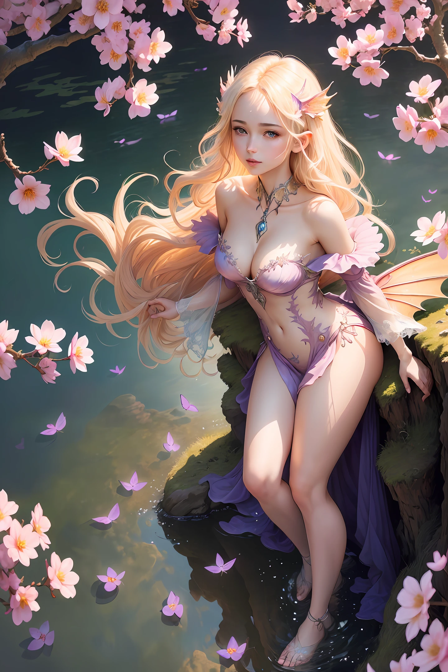 ((best quality)), ((masterpiece)), (detailed), blonde, little small breast, little boobs, alluring succubus, ethereal beauty, perched on a pink blossom tree, (fantasy illustration:1.3), enchanting gaze, captivating pose, solo girl, delicate butterfly wings, otherworldly charm, mystical sky, (Luis Royo:1.2), (Yoshitaka Amano:1.1), moonlit morning, soft colors, (detailed cloudscape:1.3), (high-resolution:1.2) (dragon flying in the sky) dress, legs dangling above pond, greek goddess, realistic, realism, sexy body, desert landscape,