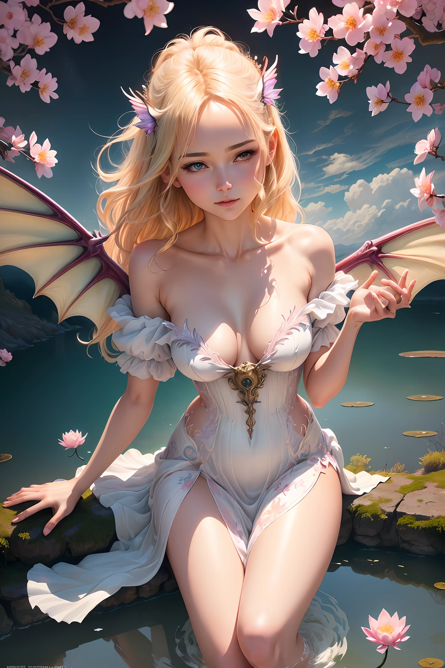 ((best quality)), ((masterpiece)), (detailed), blonde, little small breast, little boobs, alluring succubus, ethereal beauty, perched on a pink blossom tree, (fantasy illustration:1.3), enchanting gaze, captivating pose, solo girl, delicate butterfly wings, otherworldly charm, mystical sky, (Luis Royo:1.2), (Yoshitaka Amano:1.1), moonlit morning, soft colors, (detailed cloudscape:1.3), (high-resolution:1.2) (dragon flying in the sky)  dress, legs dangling above pond, greek goddess, realistic, realism, sexy body, desert landscape,