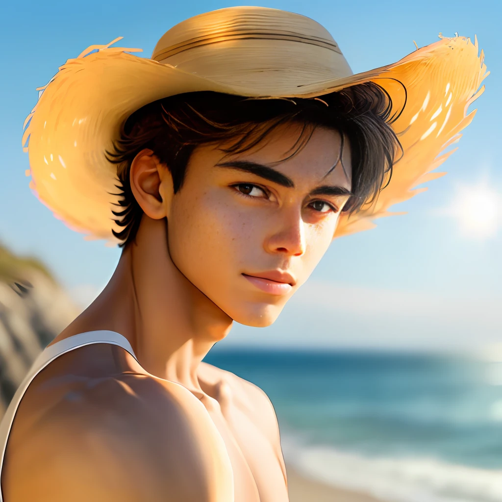 A handsome teenager with wheat-colored skin and brown eyes, basking in the sun by the sea, enjoying the sun. Only the face is shown, not the body