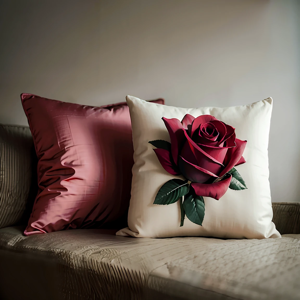 Square throw pillow with big rose pattern, simple background